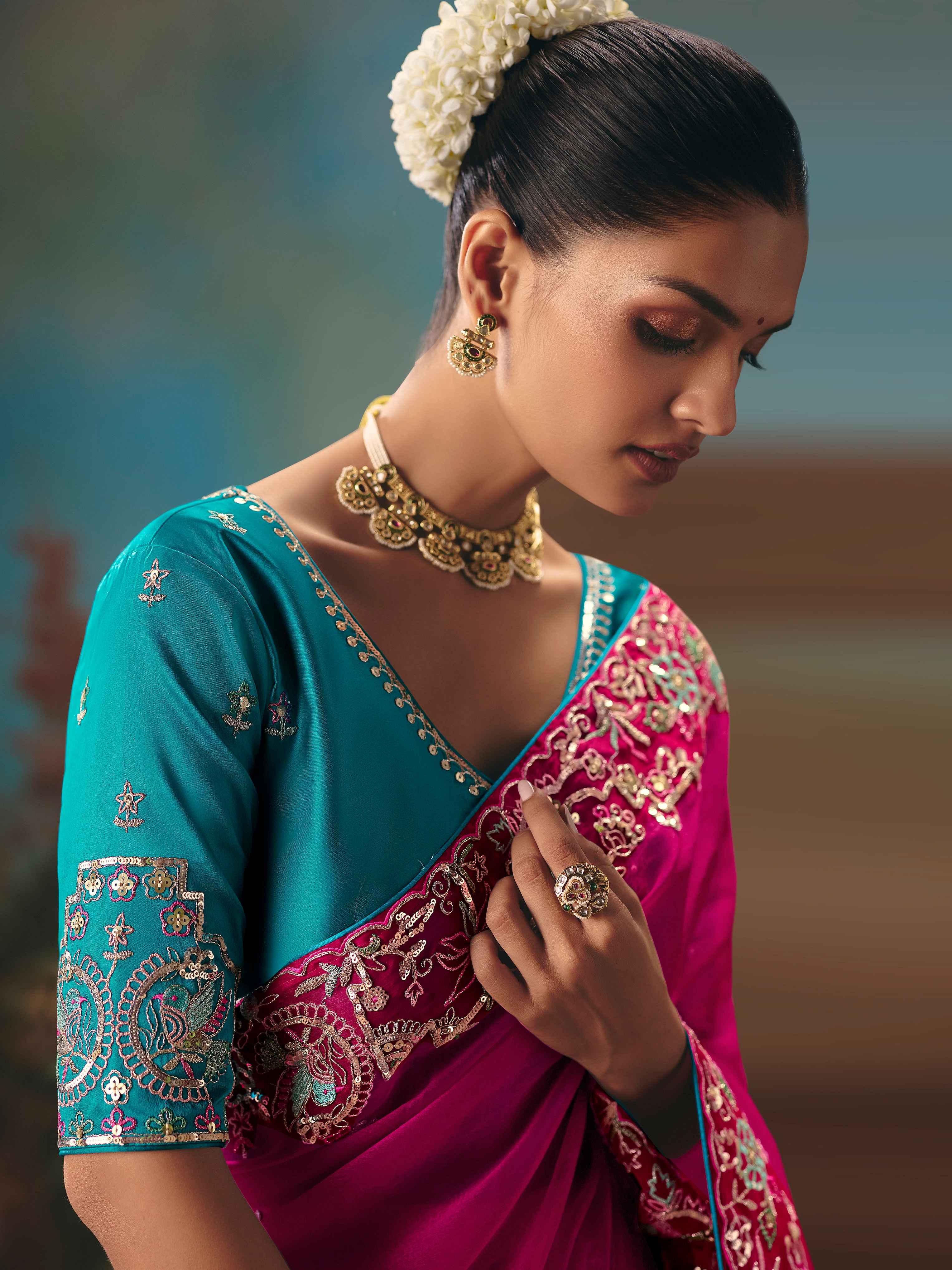 Hot Pink Fancy Saree with Sequins Thread Embroidery