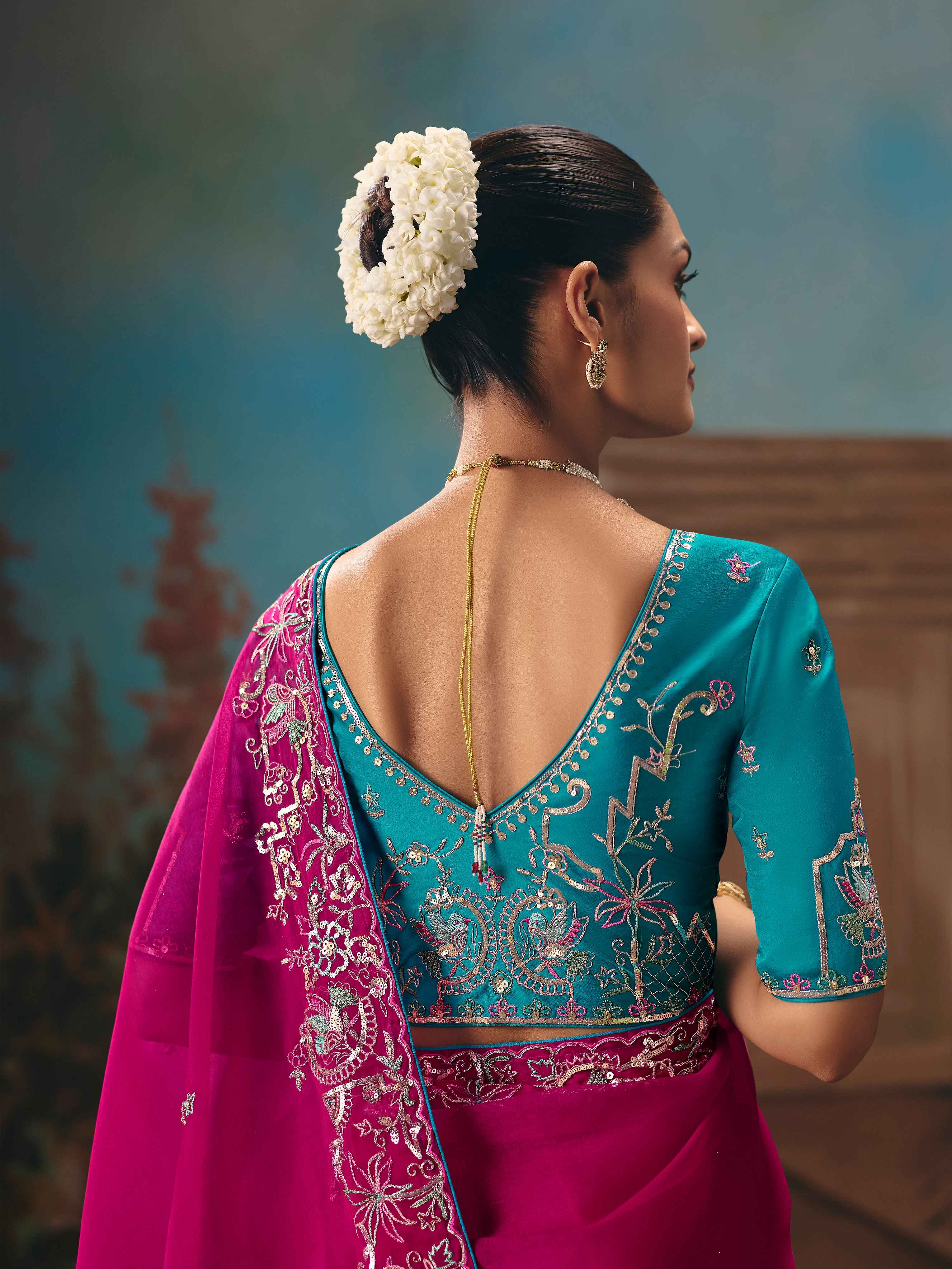 Hot Pink Fancy Saree with Sequins Thread Embroidery