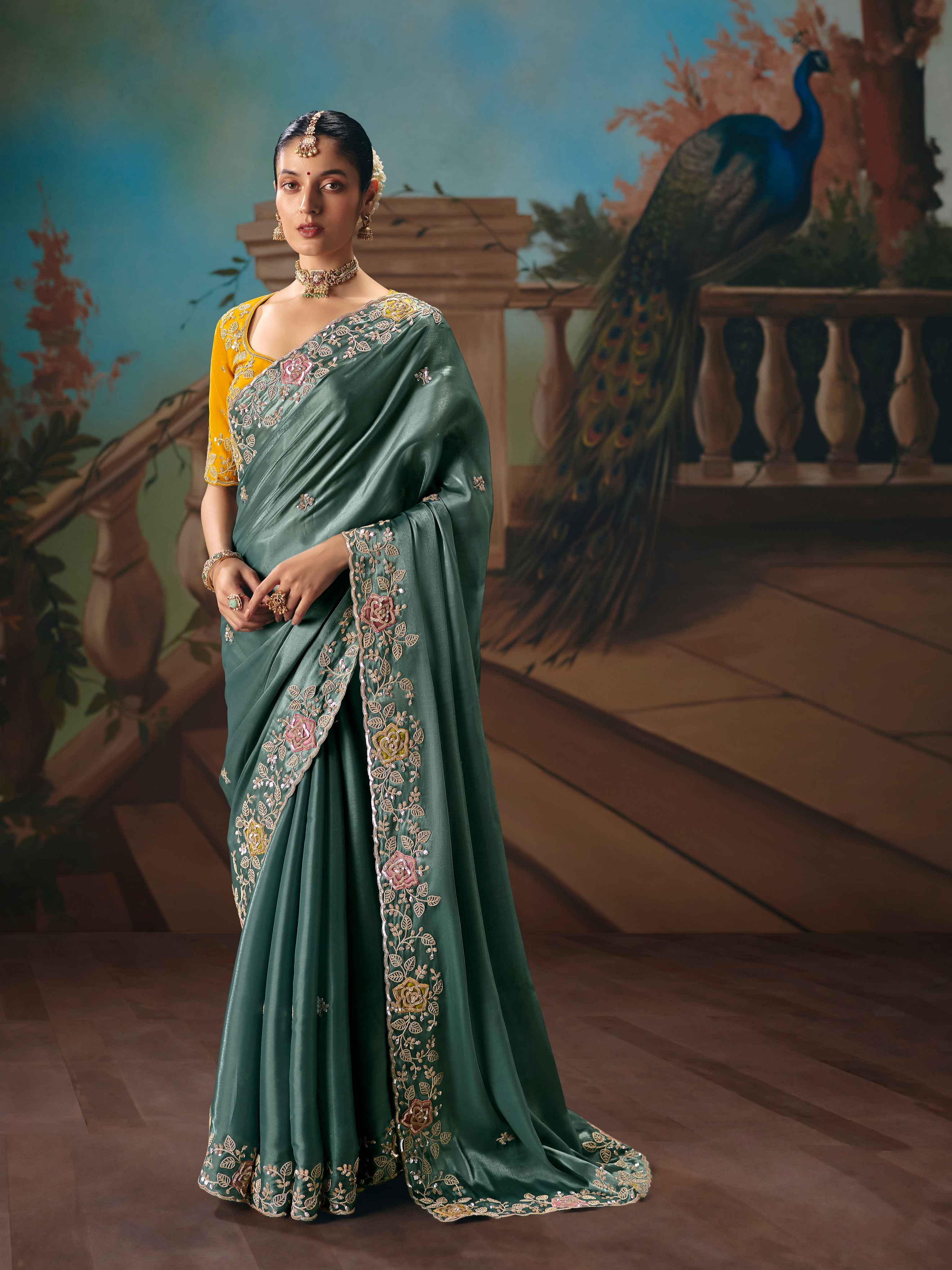 Sea Green Fancy Saree with Cutwork Border