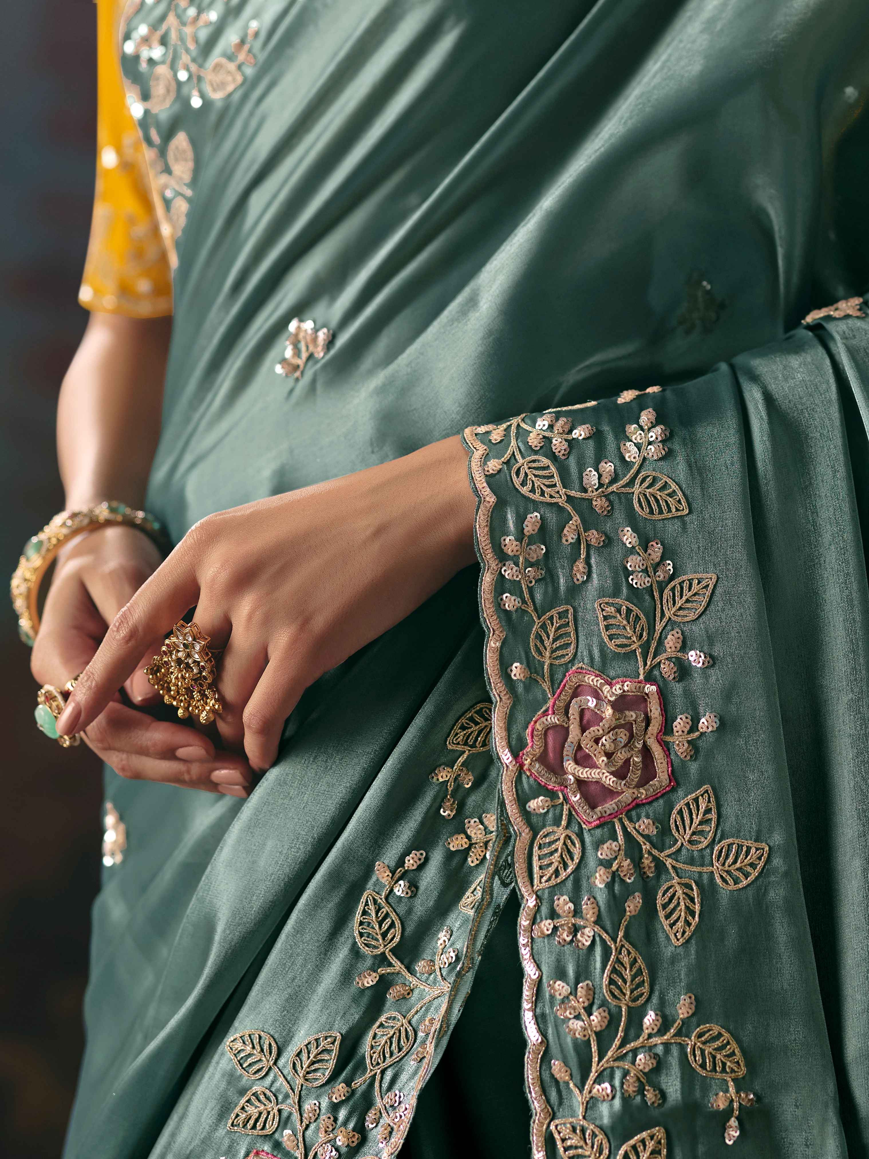 Sea Green Fancy Saree with Cutwork Border