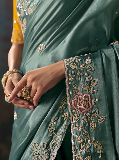 Sea Green Fancy Saree with Cutwork Border