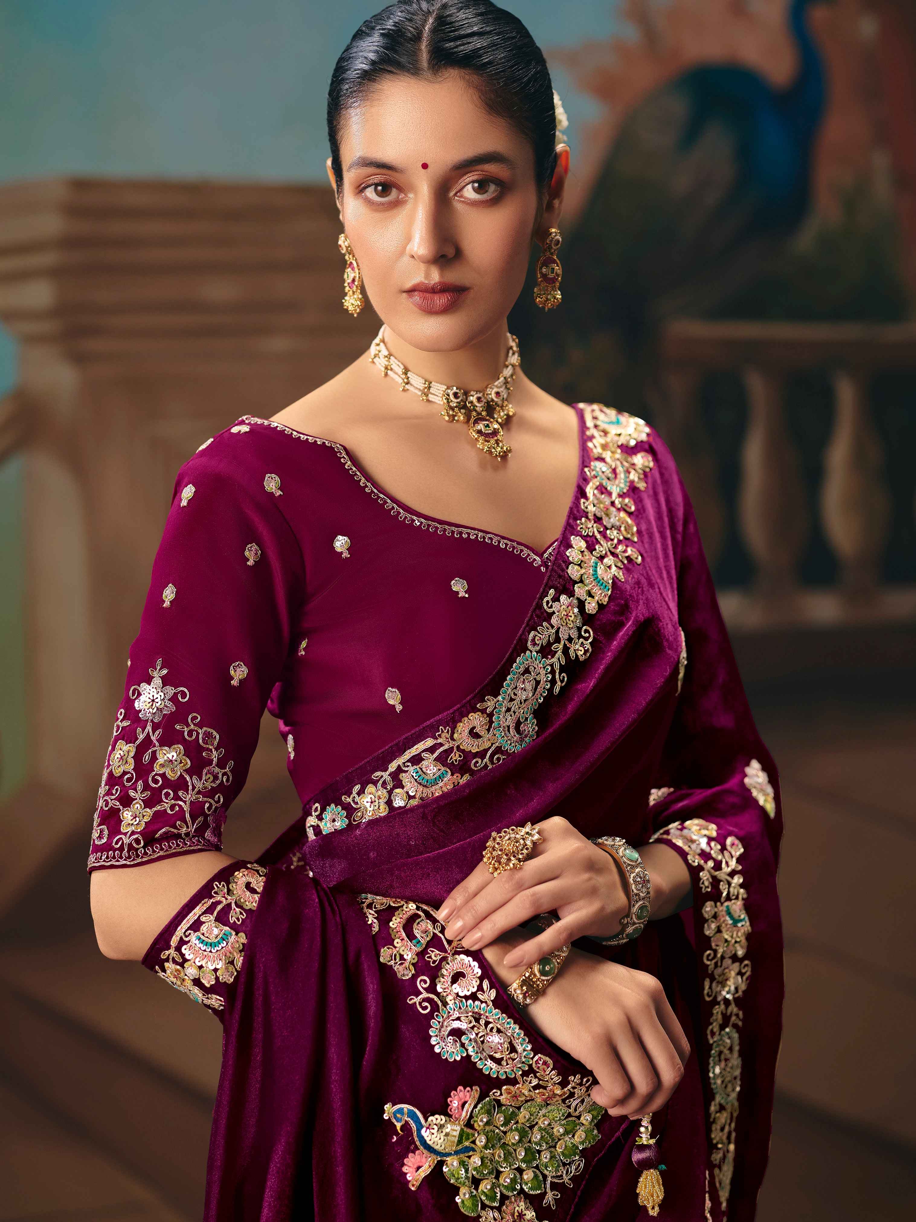 Maroon Fancy Saree with Sequins Thread Butti