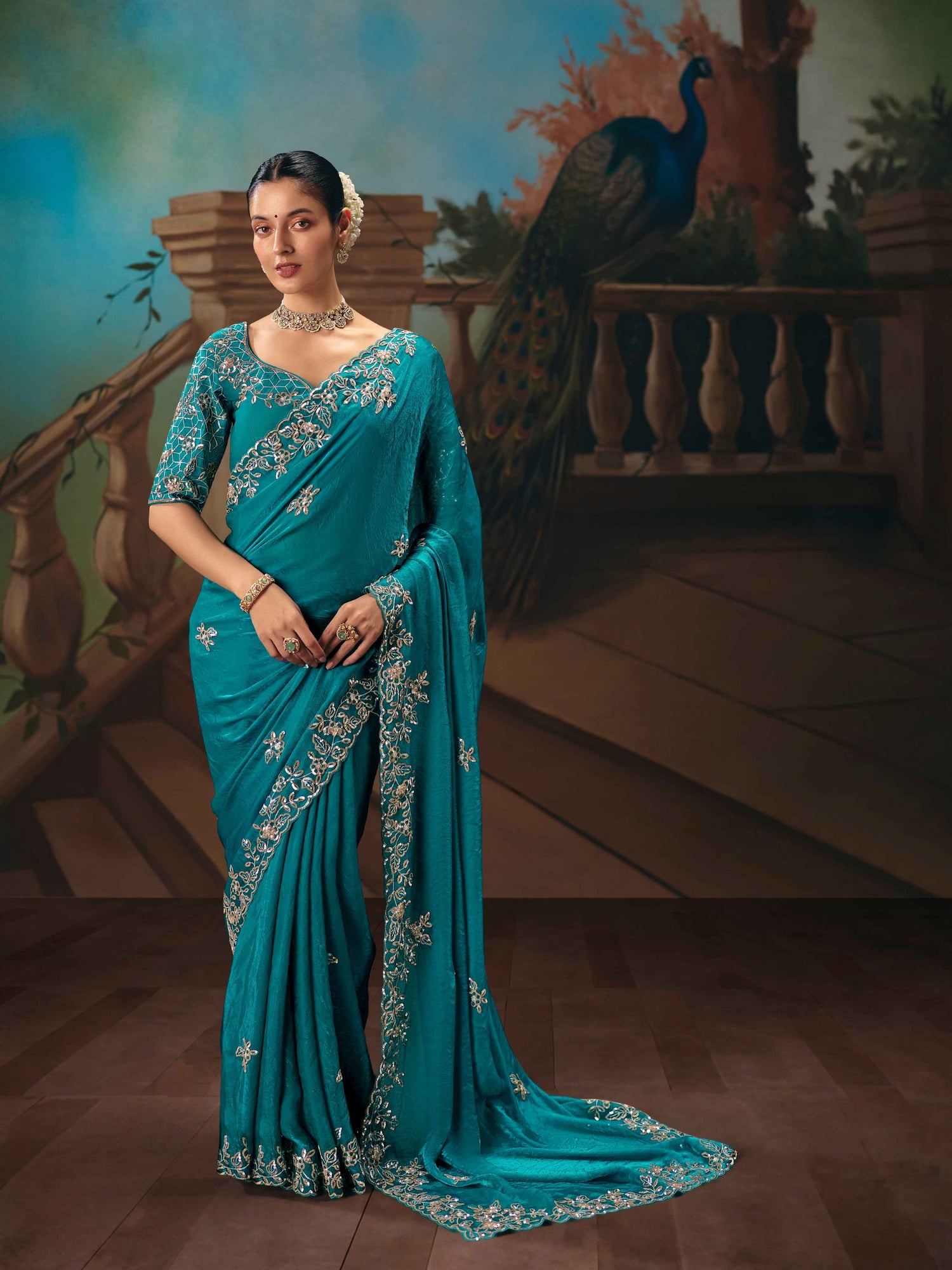 Turquoise Fancy Saree with Sequins &amp; Thread Work