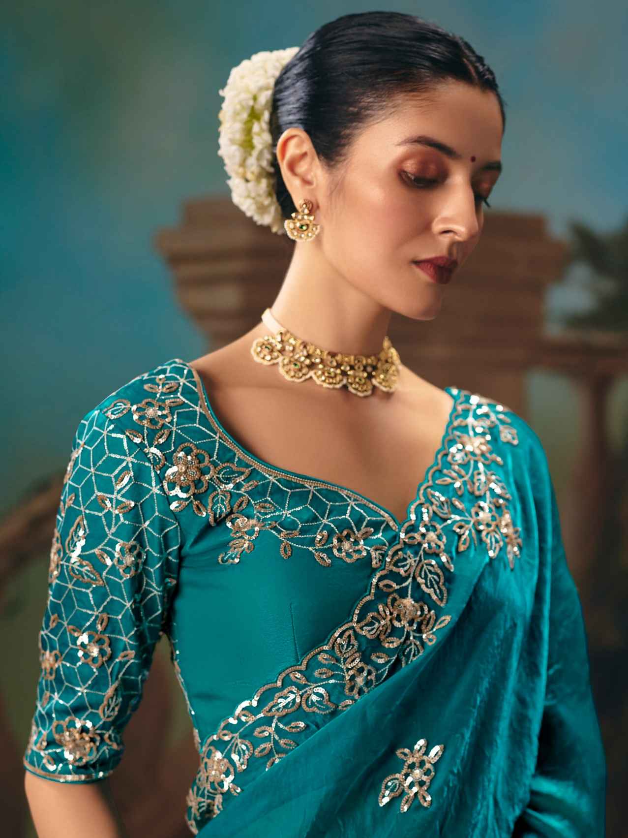 Turquoise Fancy Saree with Sequins &amp; Thread Work