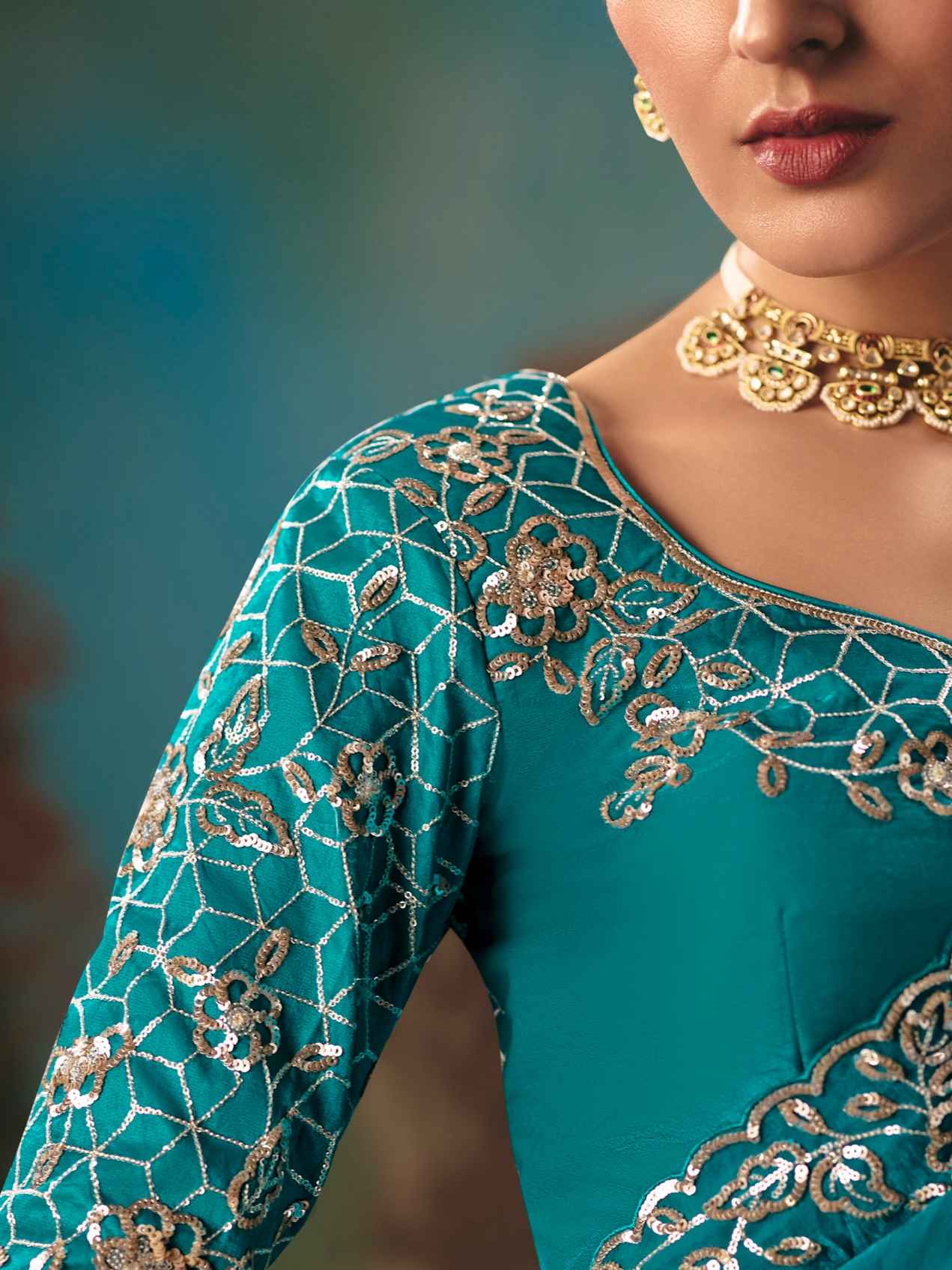 Turquoise Fancy Saree with Sequins &amp; Thread Work