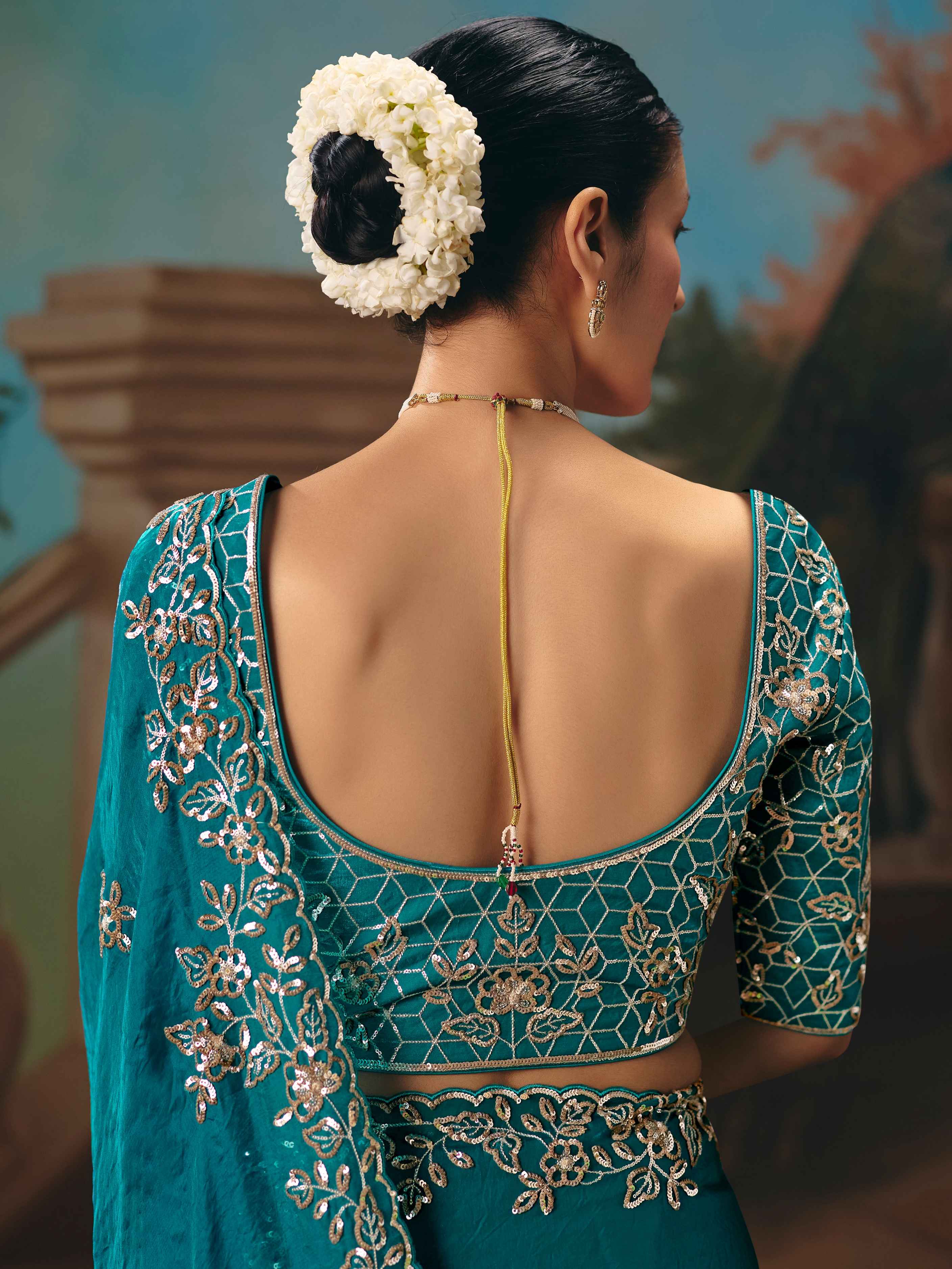 Turquoise Fancy Saree with Sequins &amp; Thread Work