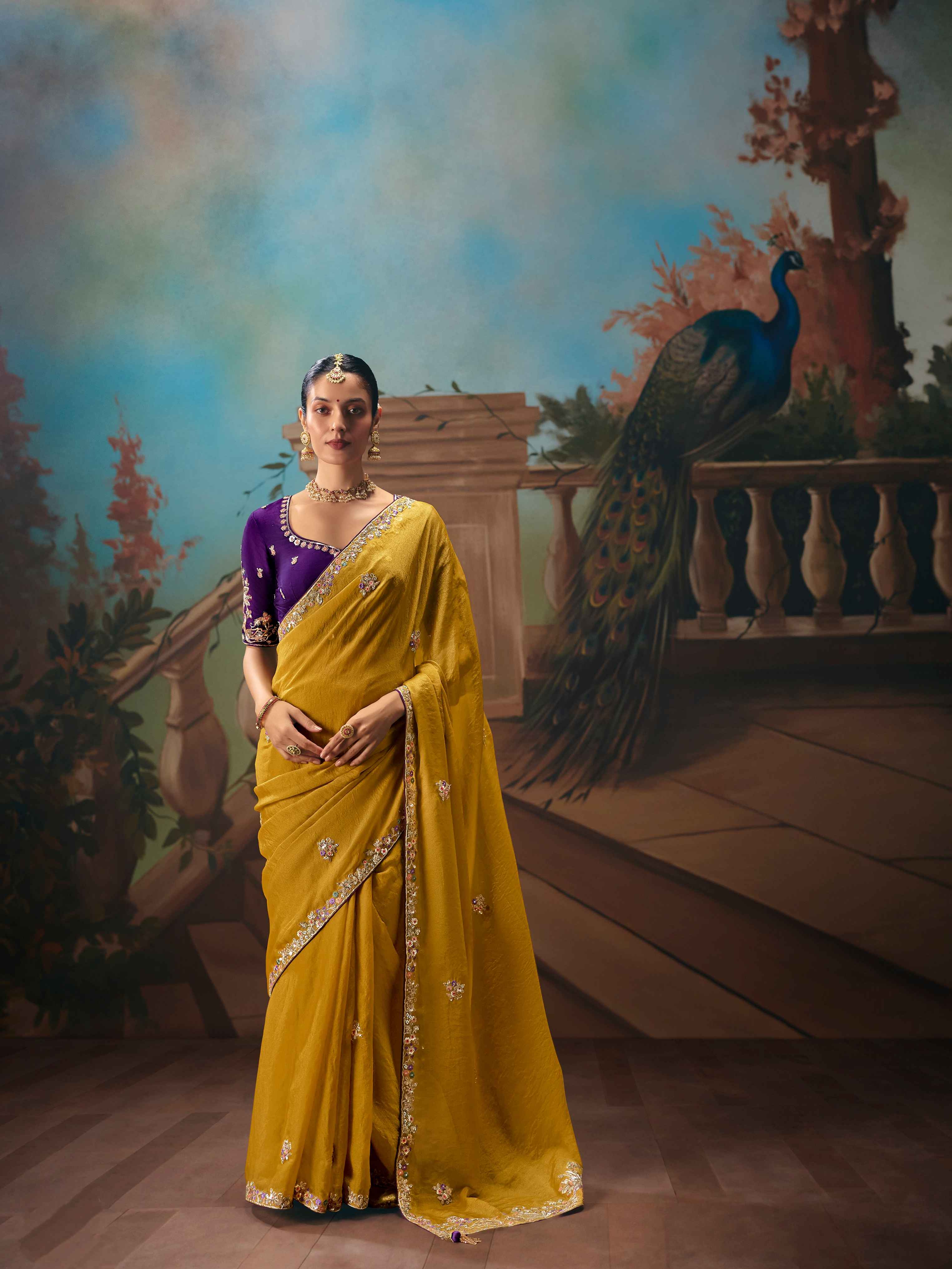 Mustard Yellow Fancy Saree with Sequins Butti