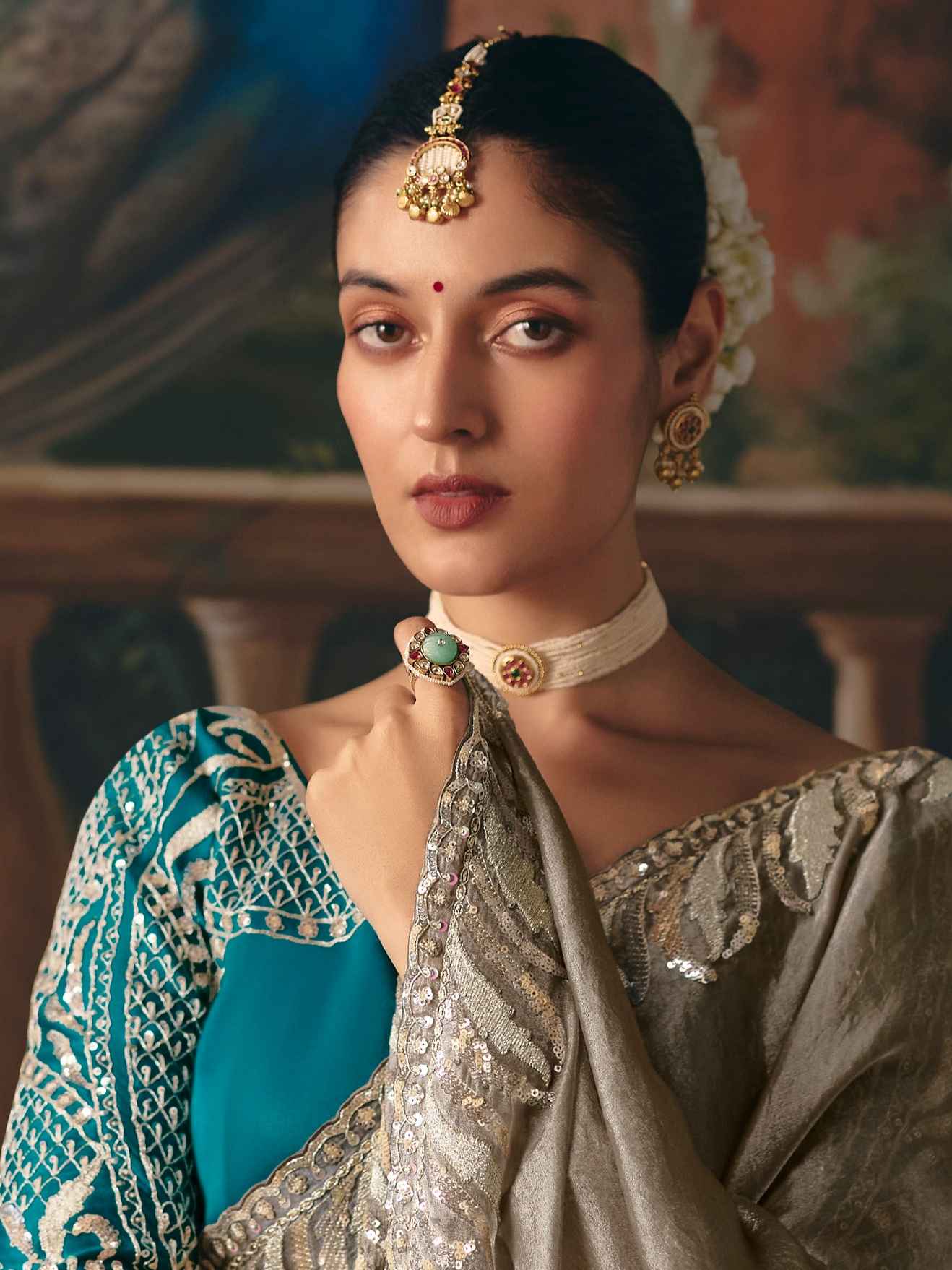 Grey Silver Fancy Saree with Sequins & Cutwork Border