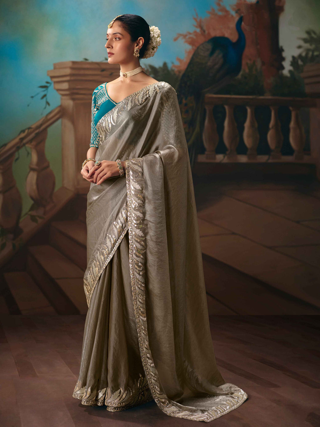Grey Silver Fancy Saree with Sequins &amp; Cutwork Border