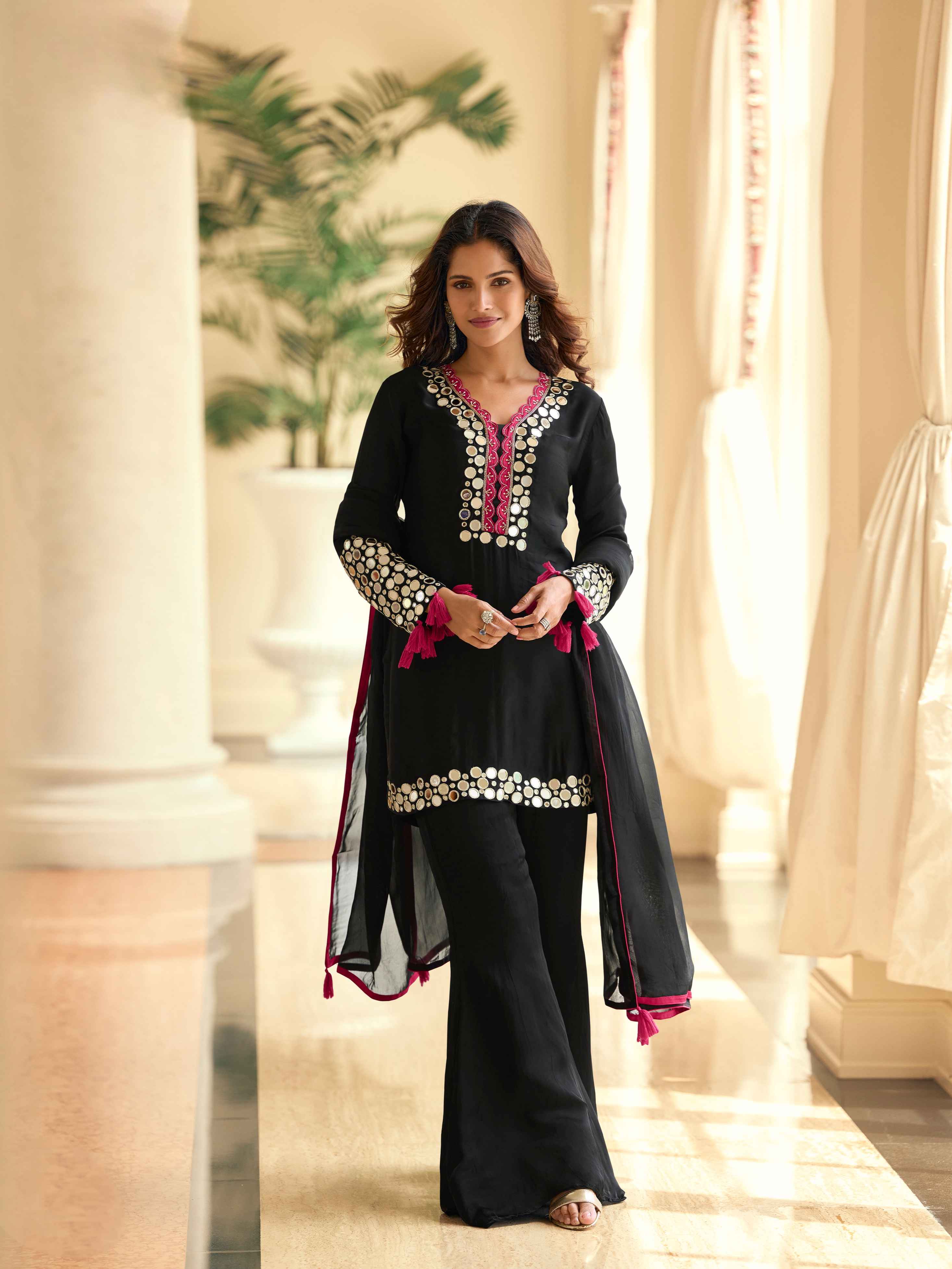 Black Premium Mirror Embroidered Kurti Plazzo Set with Dupatta
