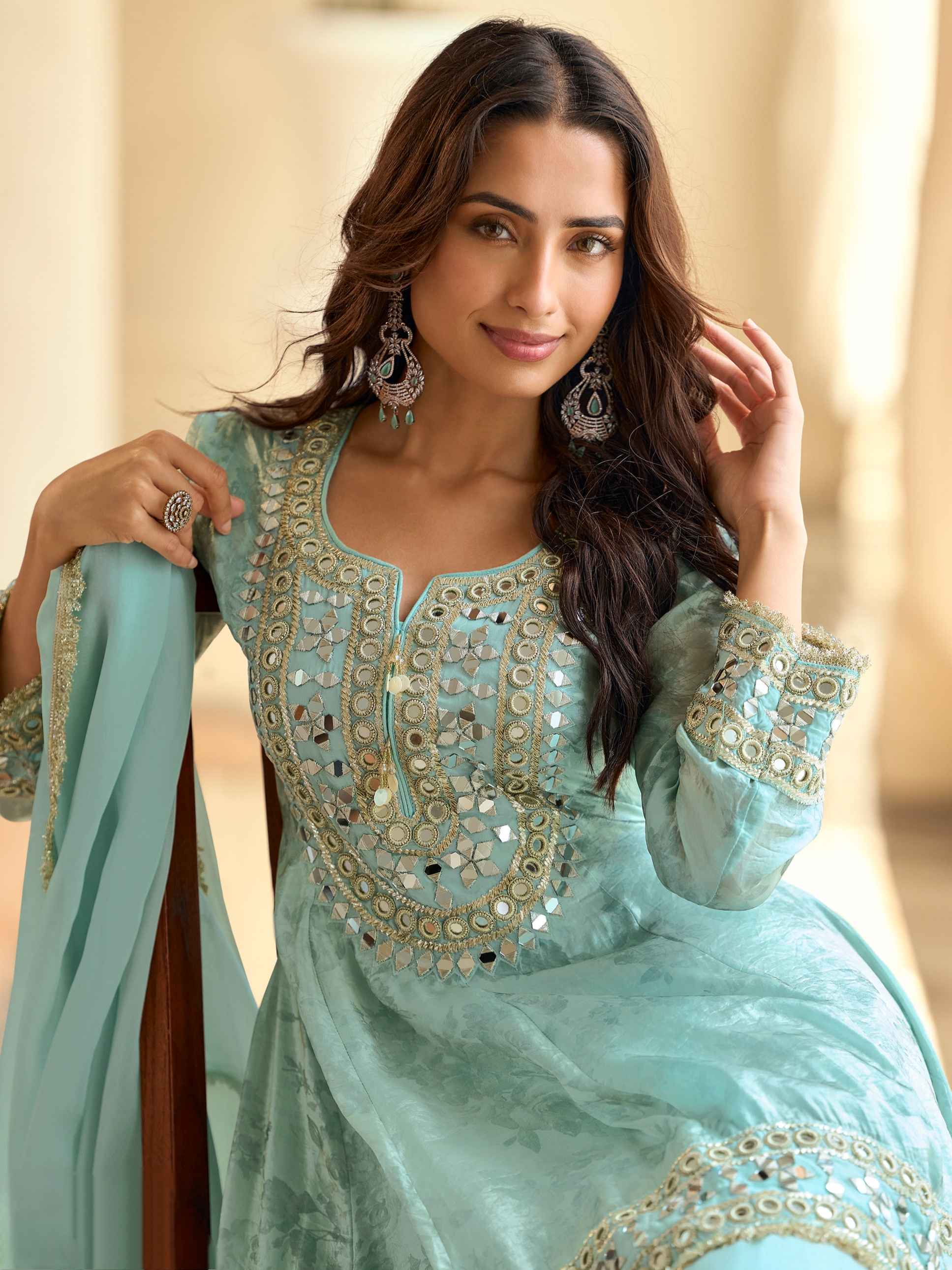 Aqua Blue Tora Silk Mirror Work Kurti Plazzo Suit with Dupatta