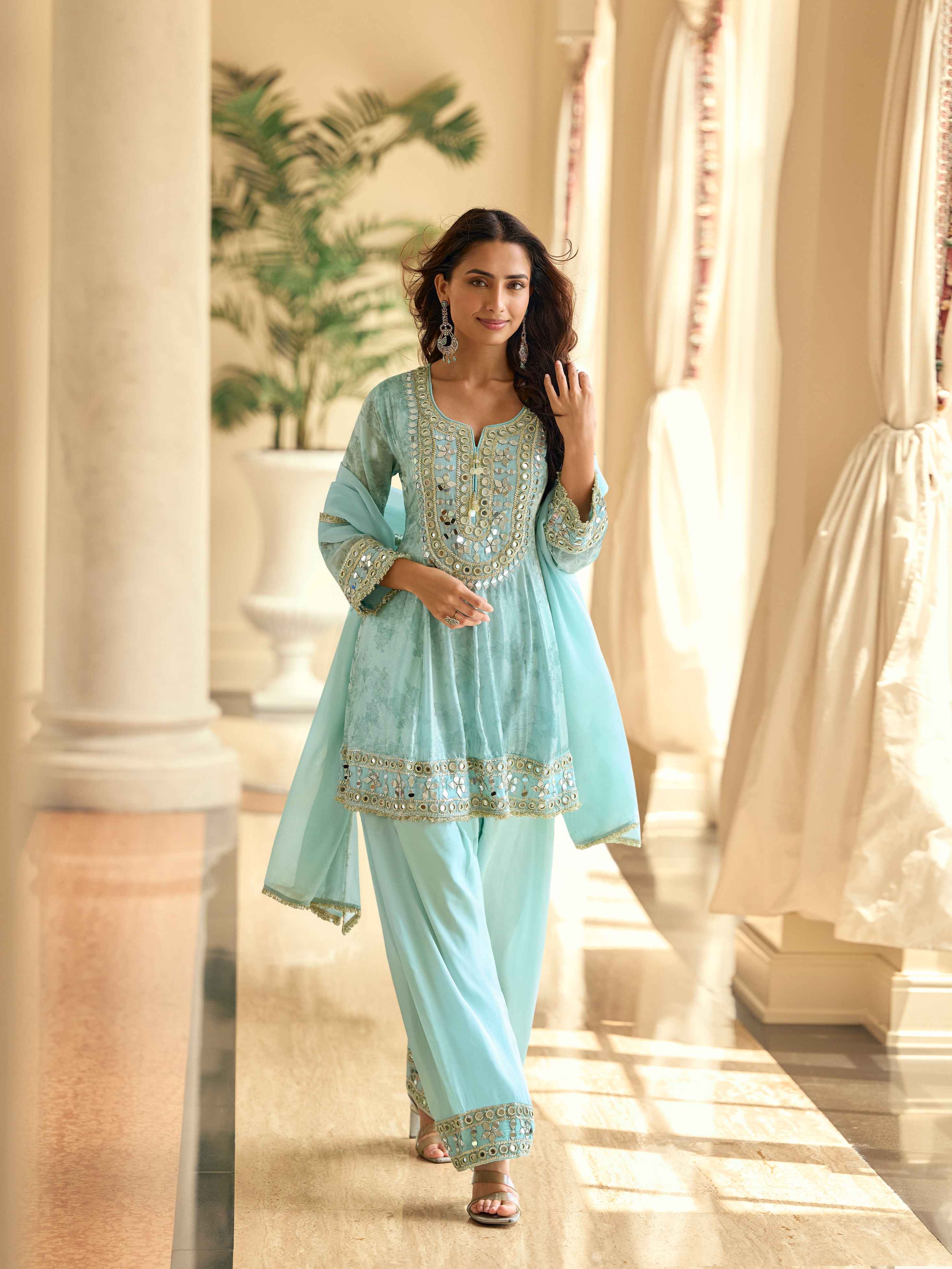 Aqua Blue Tora Silk Mirror Work Kurti Plazzo Suit with Dupatta