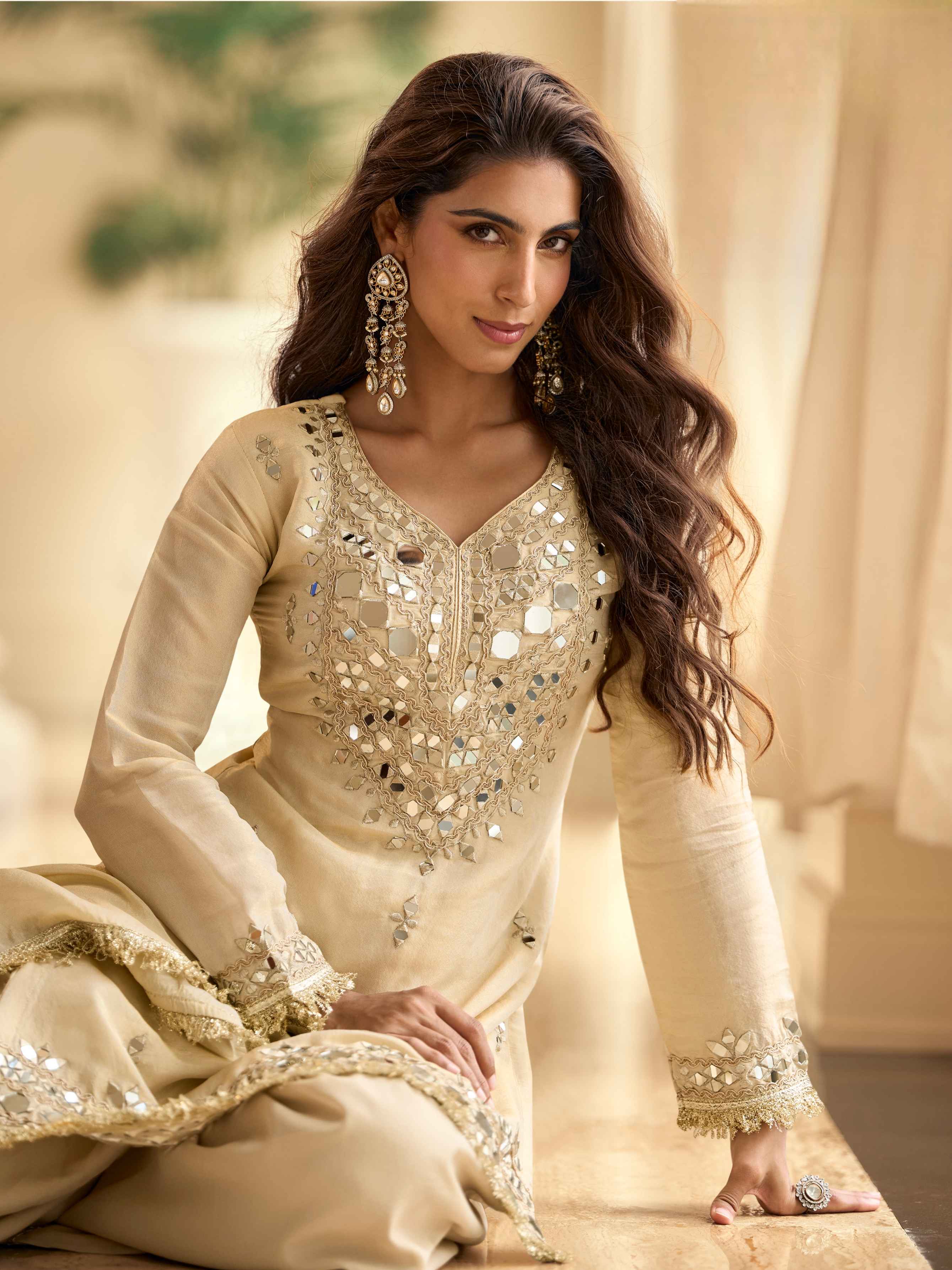 Beige Crepe Silk Mirror Embroidered Kurti Palazzo Set with Dupatta