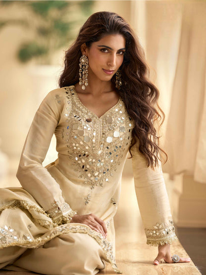 Beige Crepe Silk Mirror Embroidered Kurti Palazzo Set with Dupatta