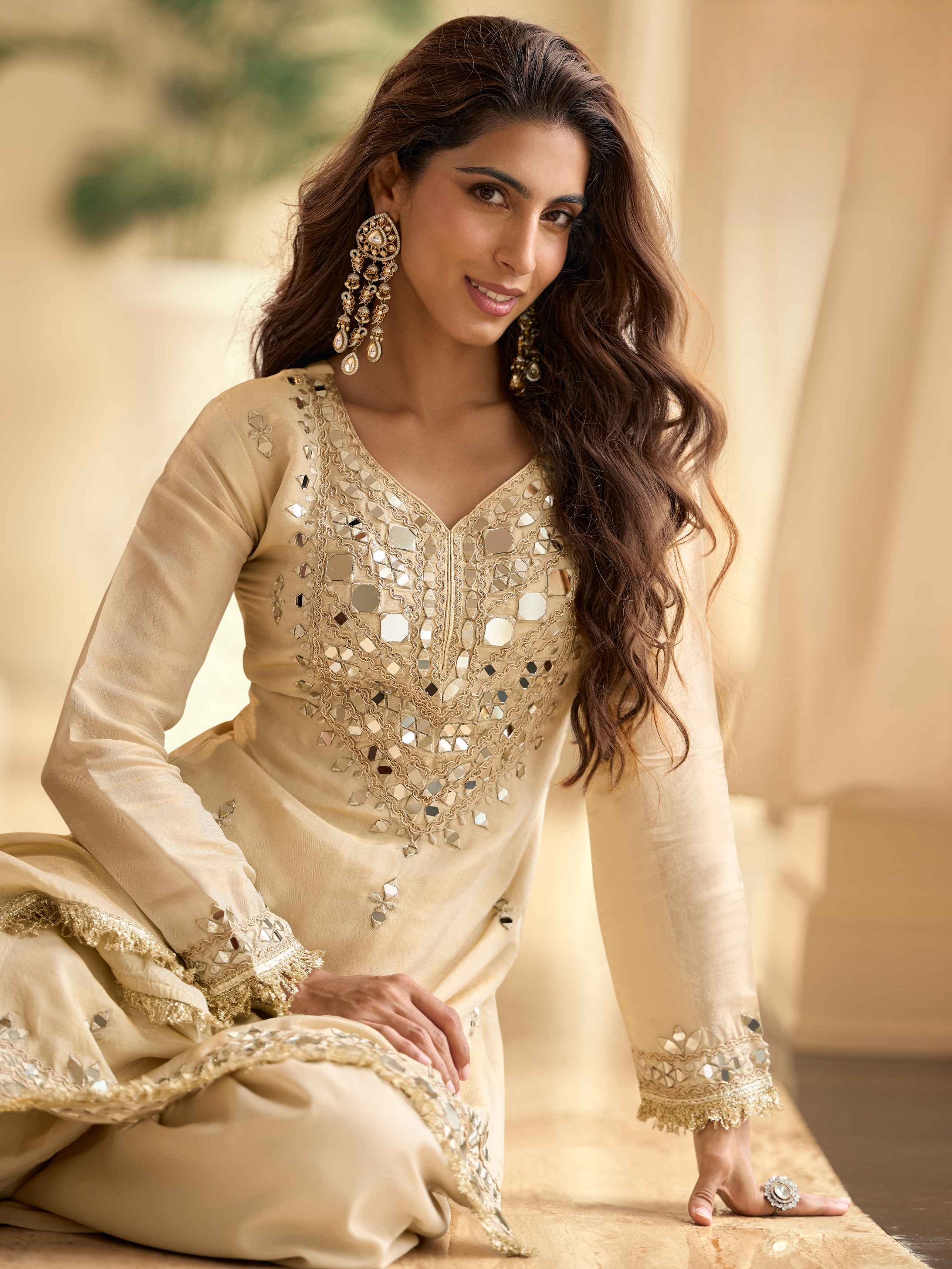 Beige Crepe Silk Mirror Embroidered Kurti Palazzo Set with Dupatta