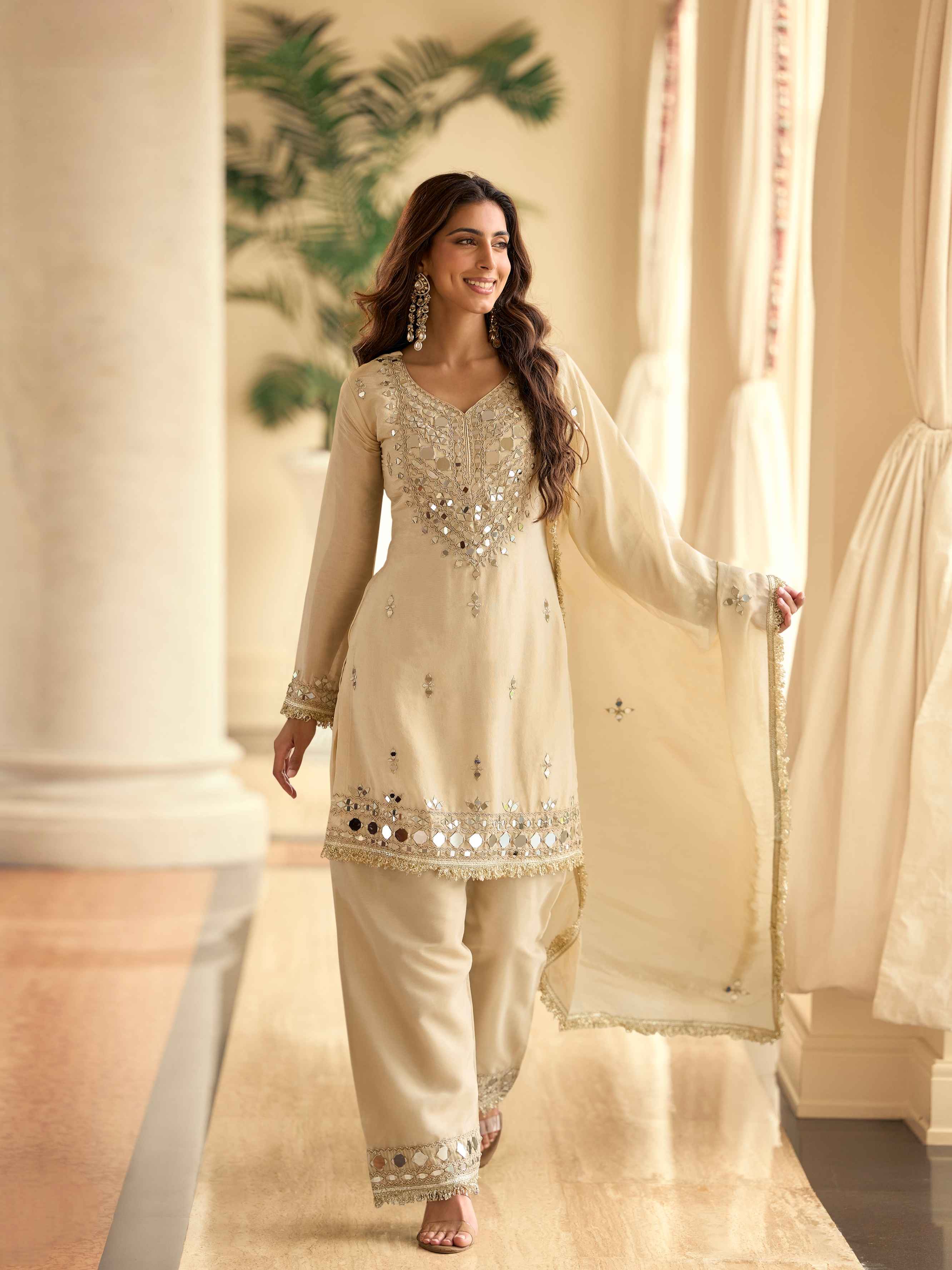 Beige Crepe Silk Mirror Embroidered Kurti Palazzo Set with Dupatta