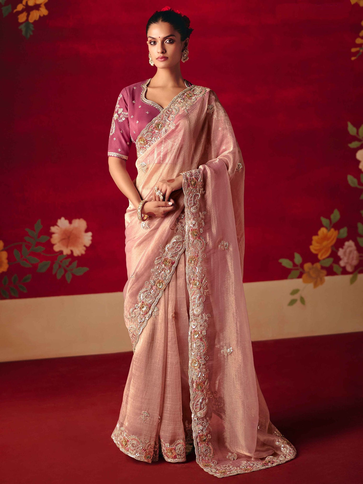 Blush Pink Fancy Saree with Sequins Butti &amp; Border Work