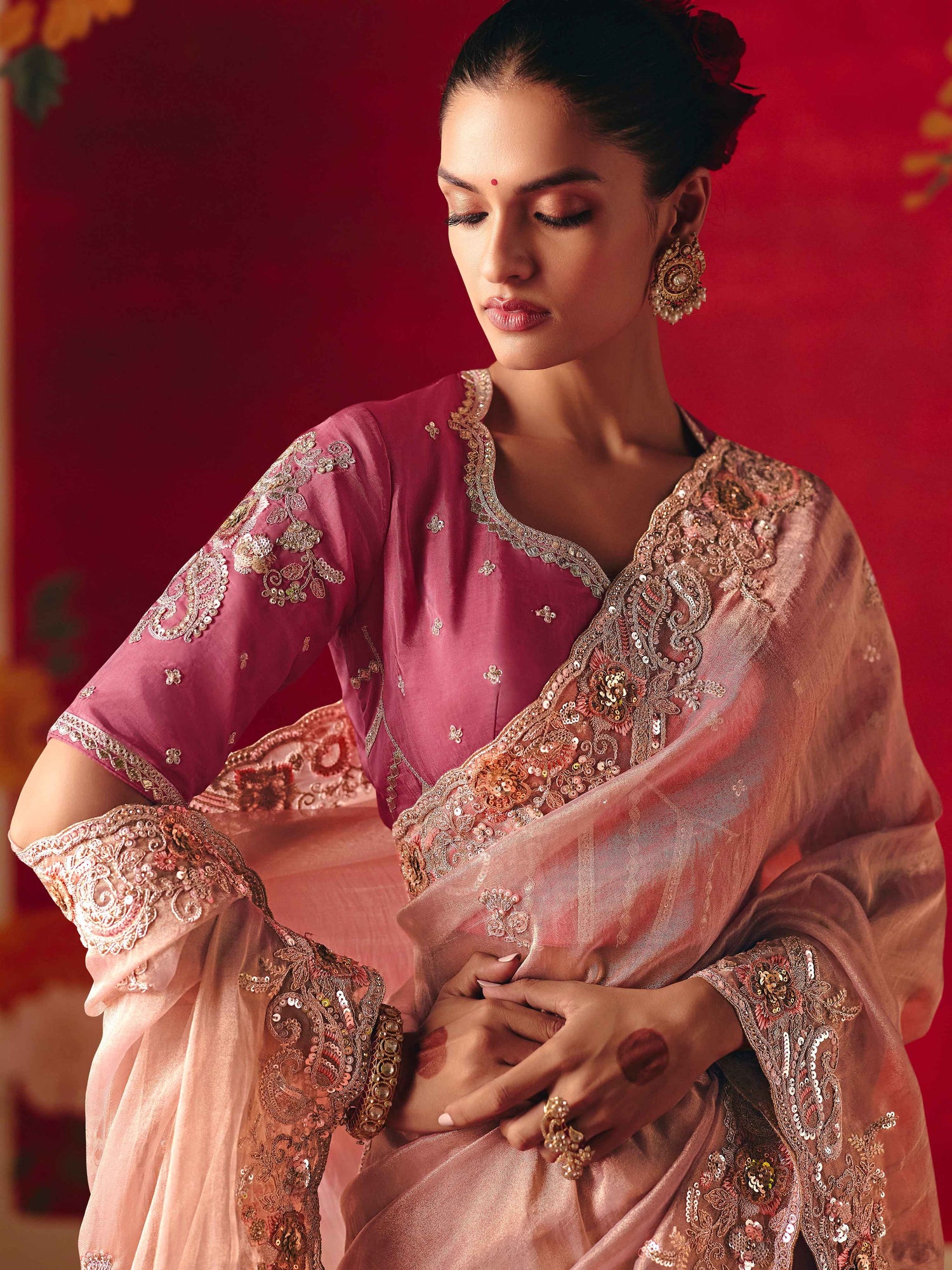 Blush Pink Fancy Saree with Sequins Butti &amp; Border Work