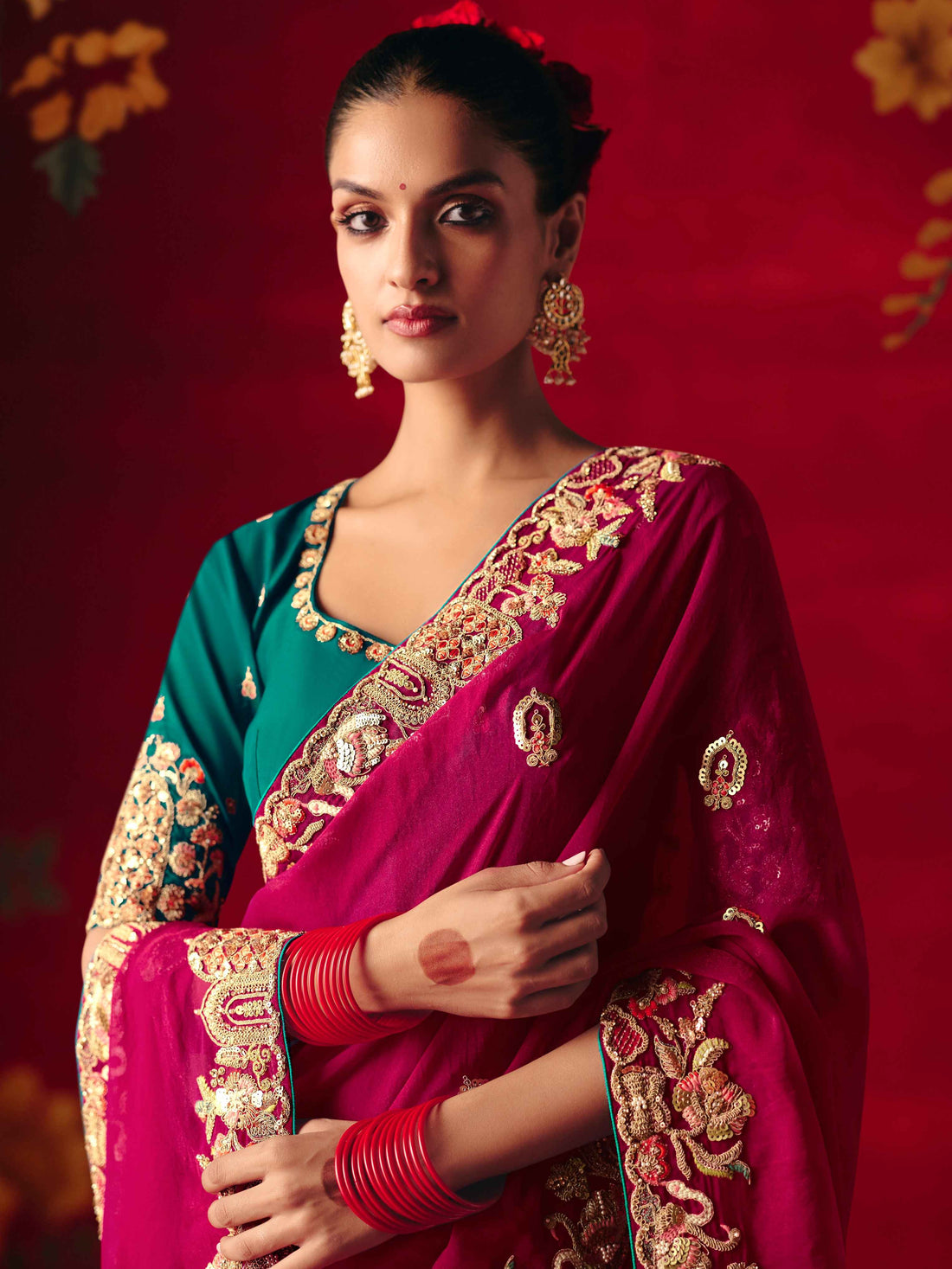 Wine Red Fancy Saree with Heavy Sequins Embroidery