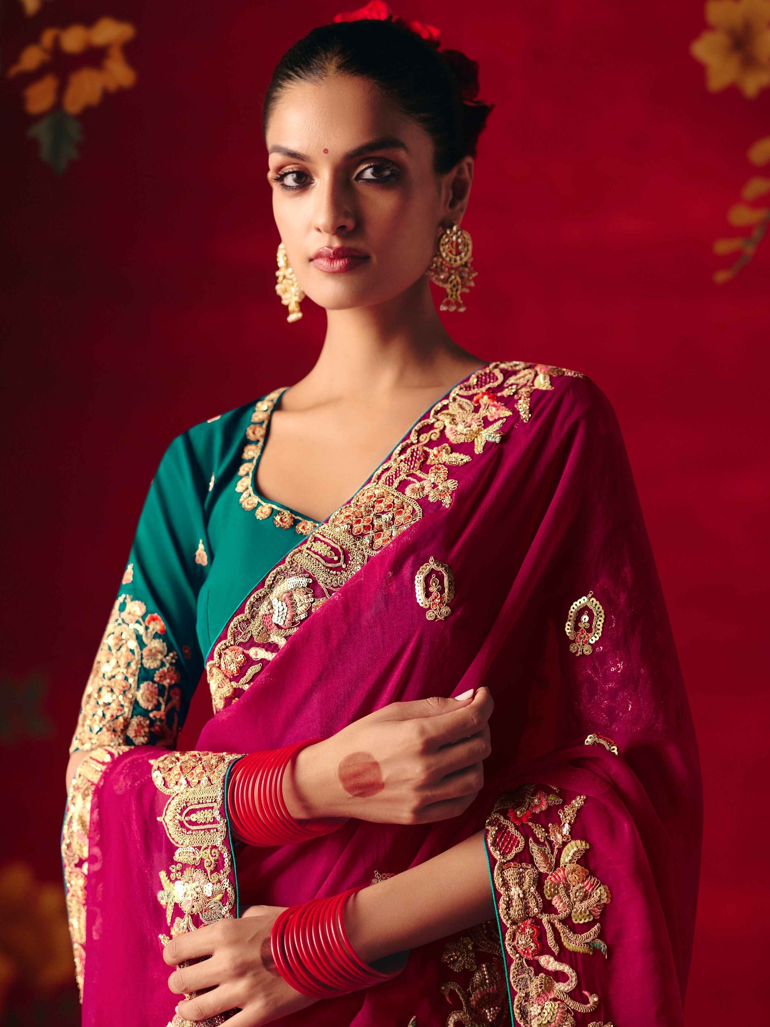 Wine Red Fancy Saree with Heavy Sequins Embroidery