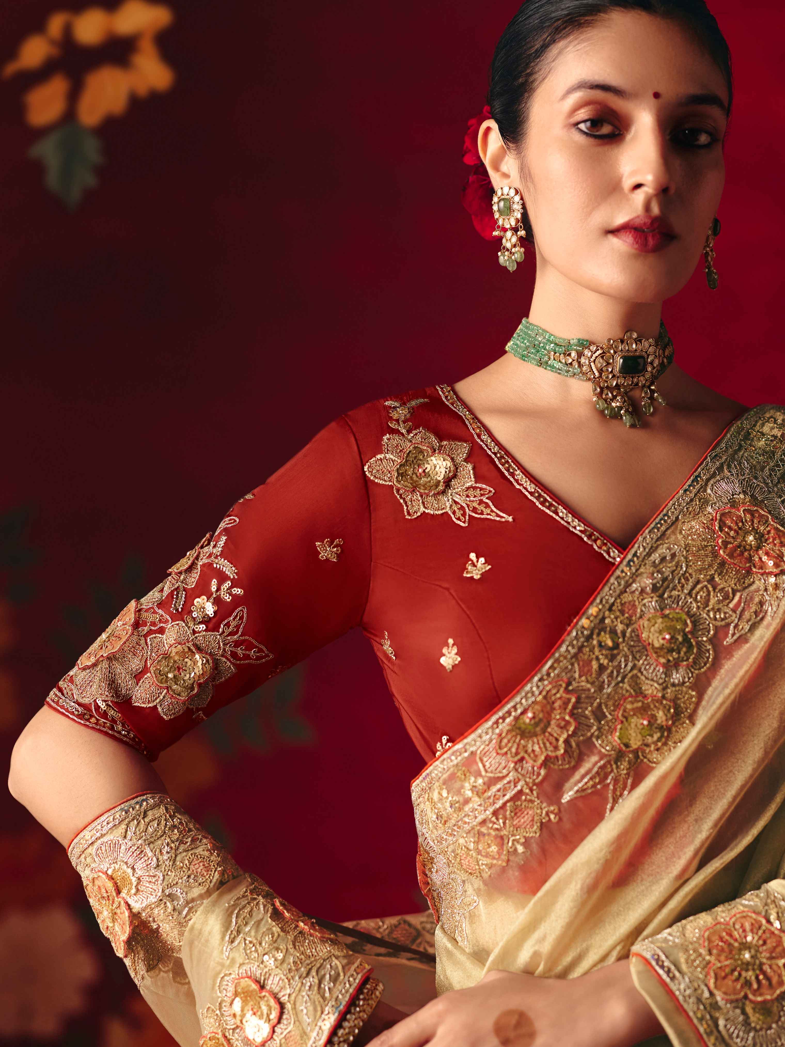 Champagne Beige Fancy Saree with Sequins & Thread Work