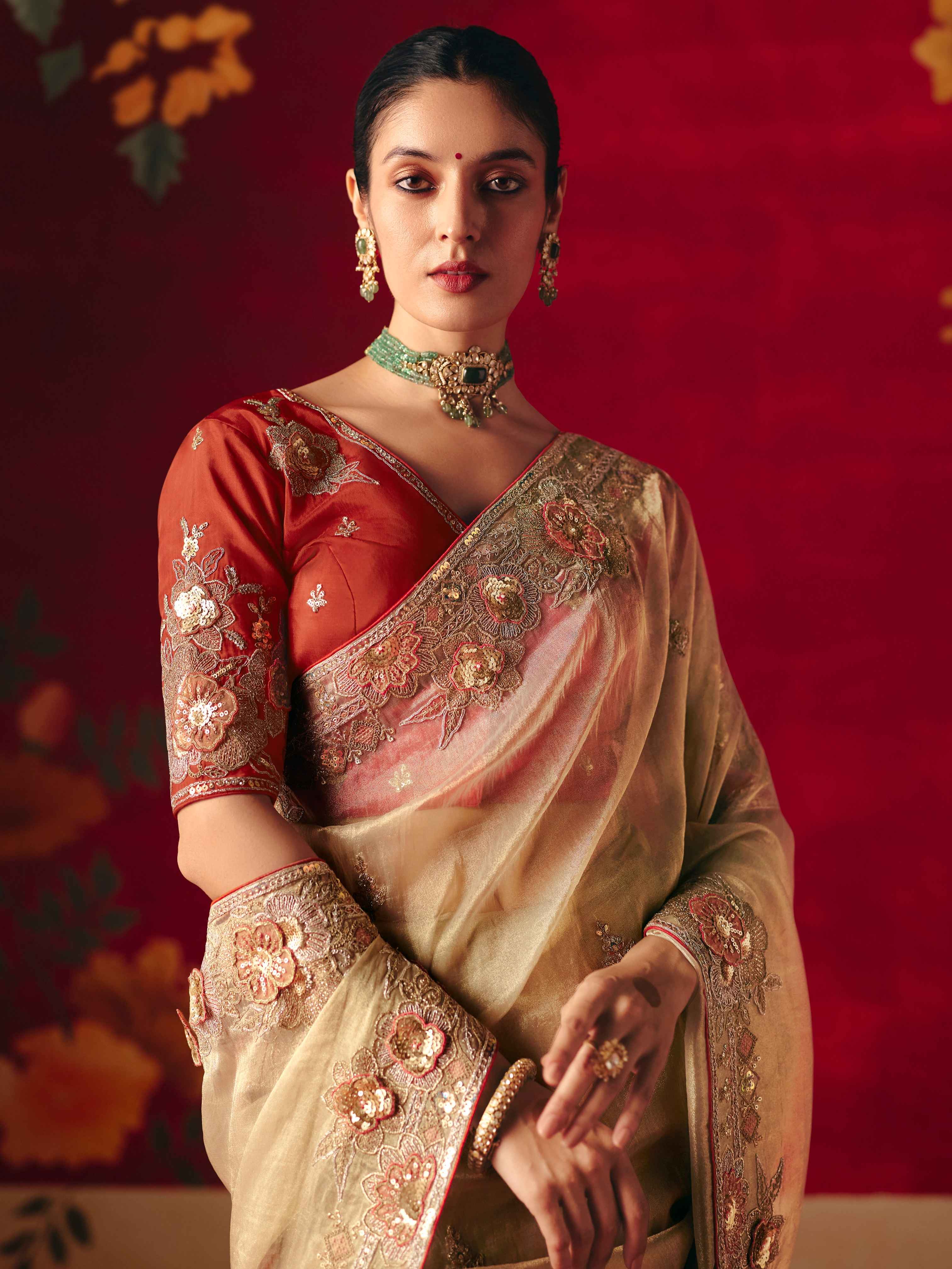 Champagne Beige Fancy Saree with Sequins &amp; Thread Work