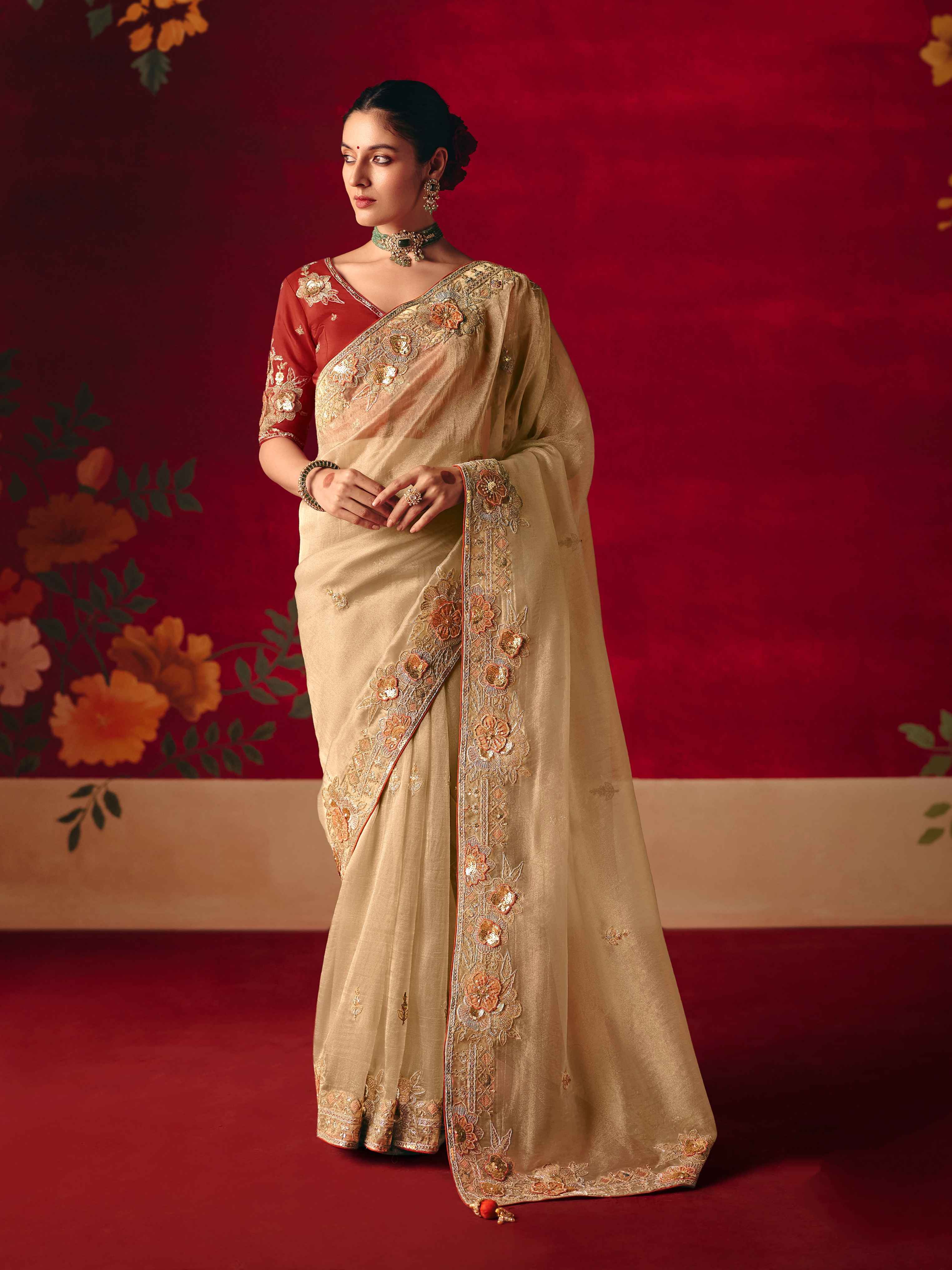 Champagne Beige Fancy Saree with Sequins & Thread Work
