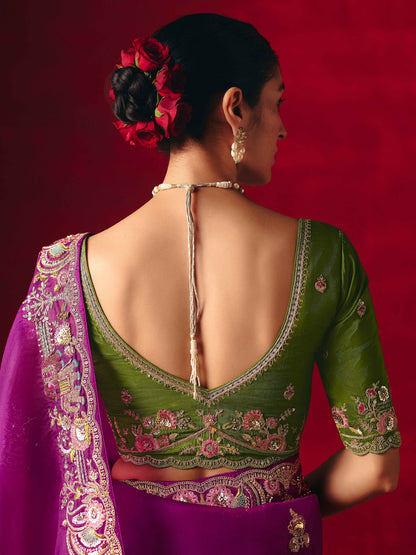 Purple Fancy Saree with Sequins Butti &amp; Embroidered Border