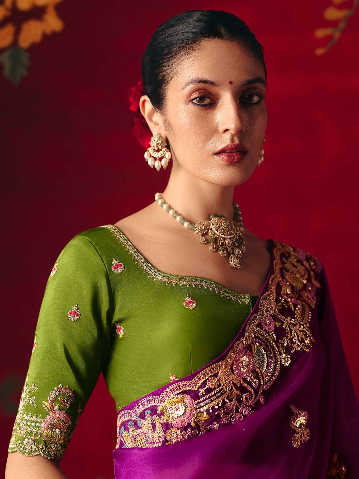 Purple Fancy Saree with Sequins Butti &amp; Embroidered Border