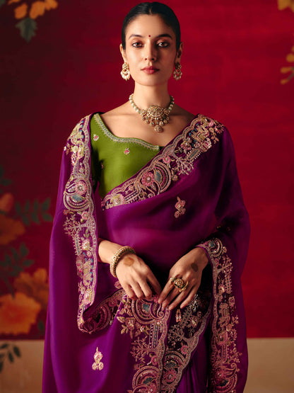Purple Fancy Saree with Sequins Butti &amp; Embroidered Border