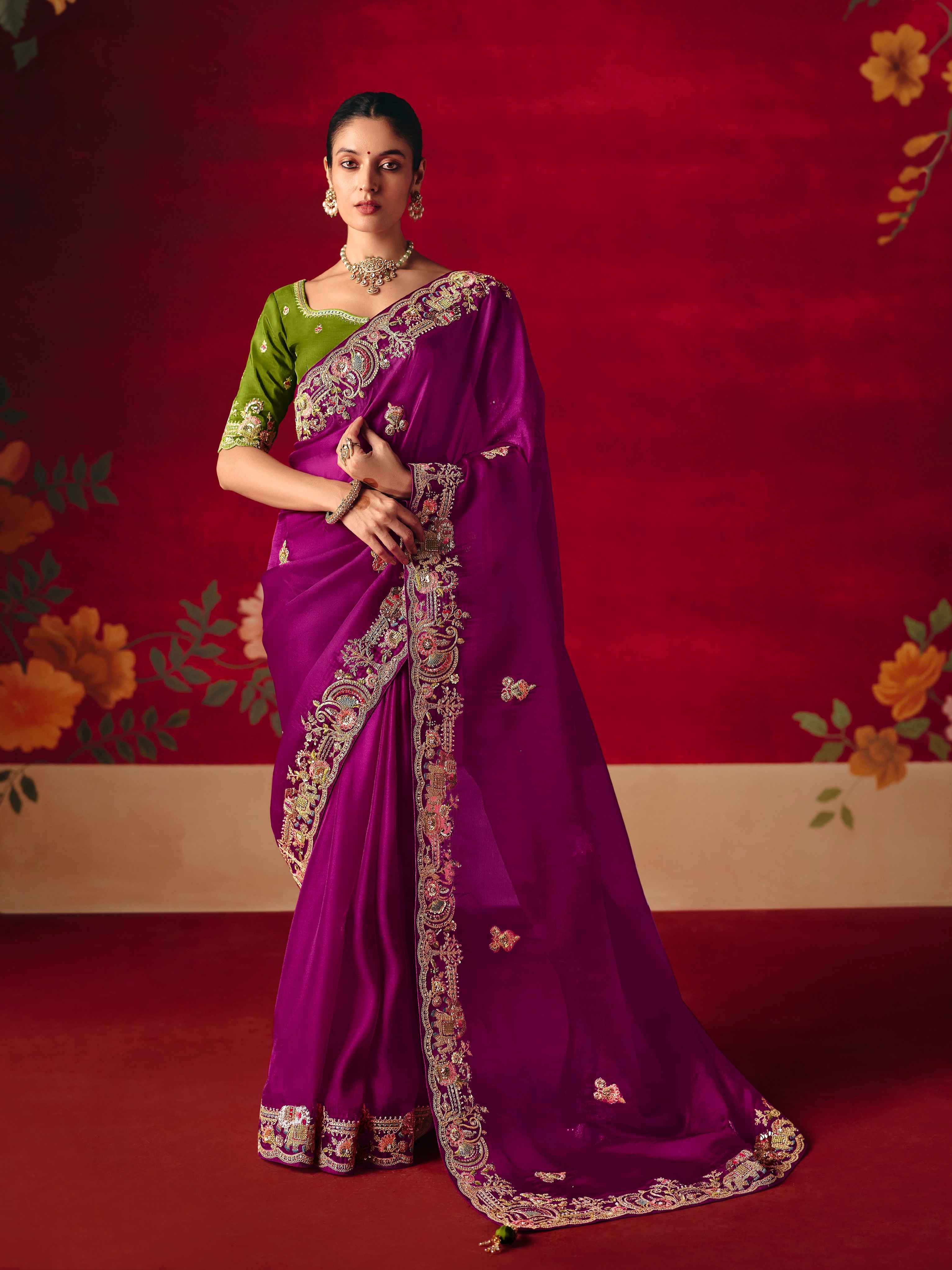 Purple Fancy Saree with Sequins Butti &amp; Embroidered Border