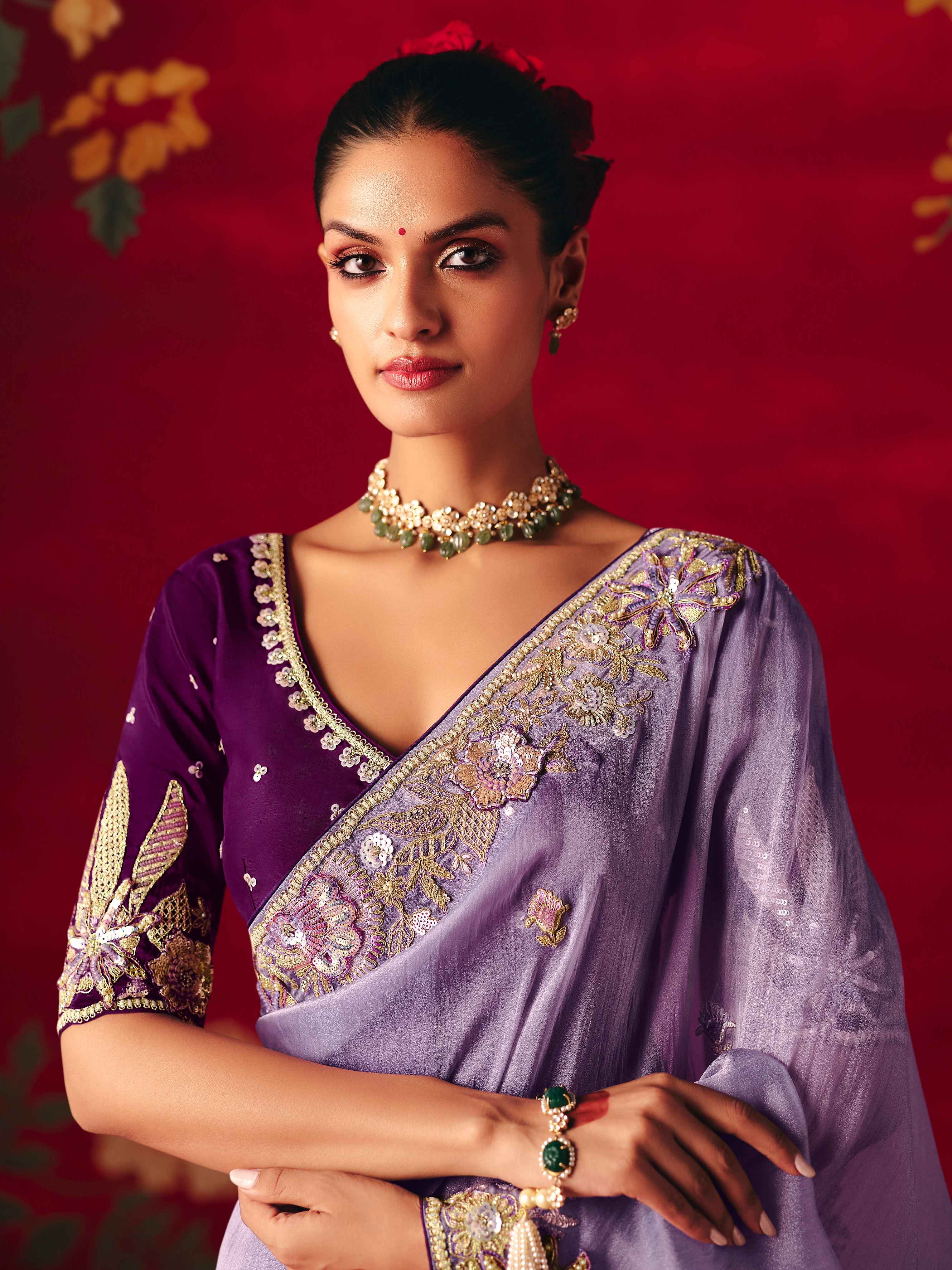 Lavender Fancy Saree with Butti Embroidery & Sequins Border
