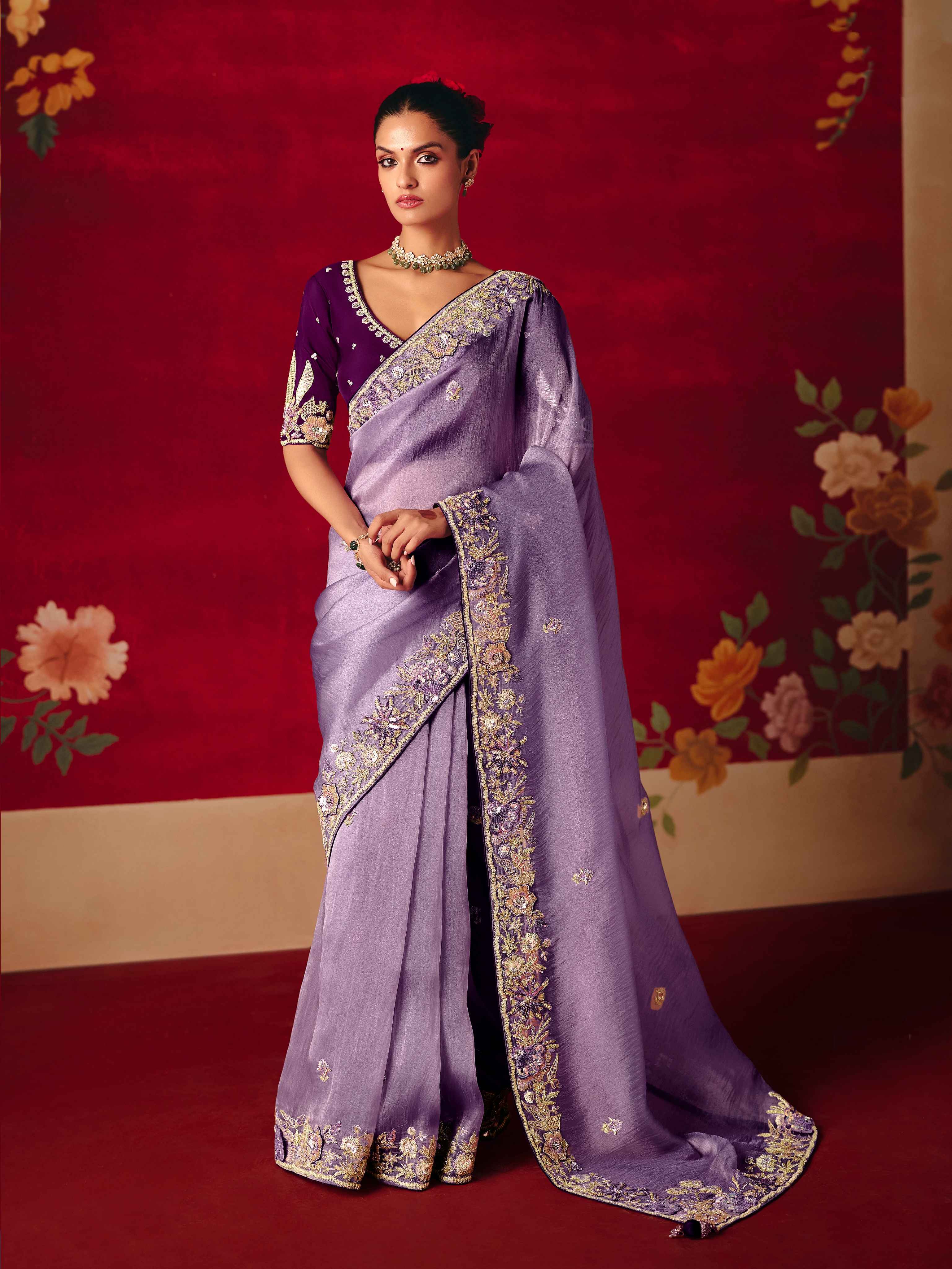 Lavender Fancy Saree with Butti Embroidery & Sequins Border