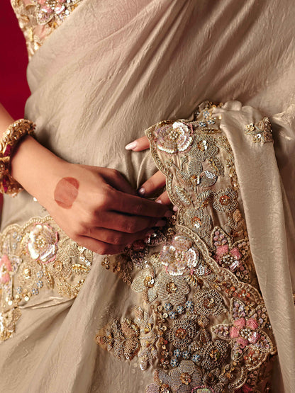 Beige Fancy Saree with Sequins &amp; Thread Embroidery