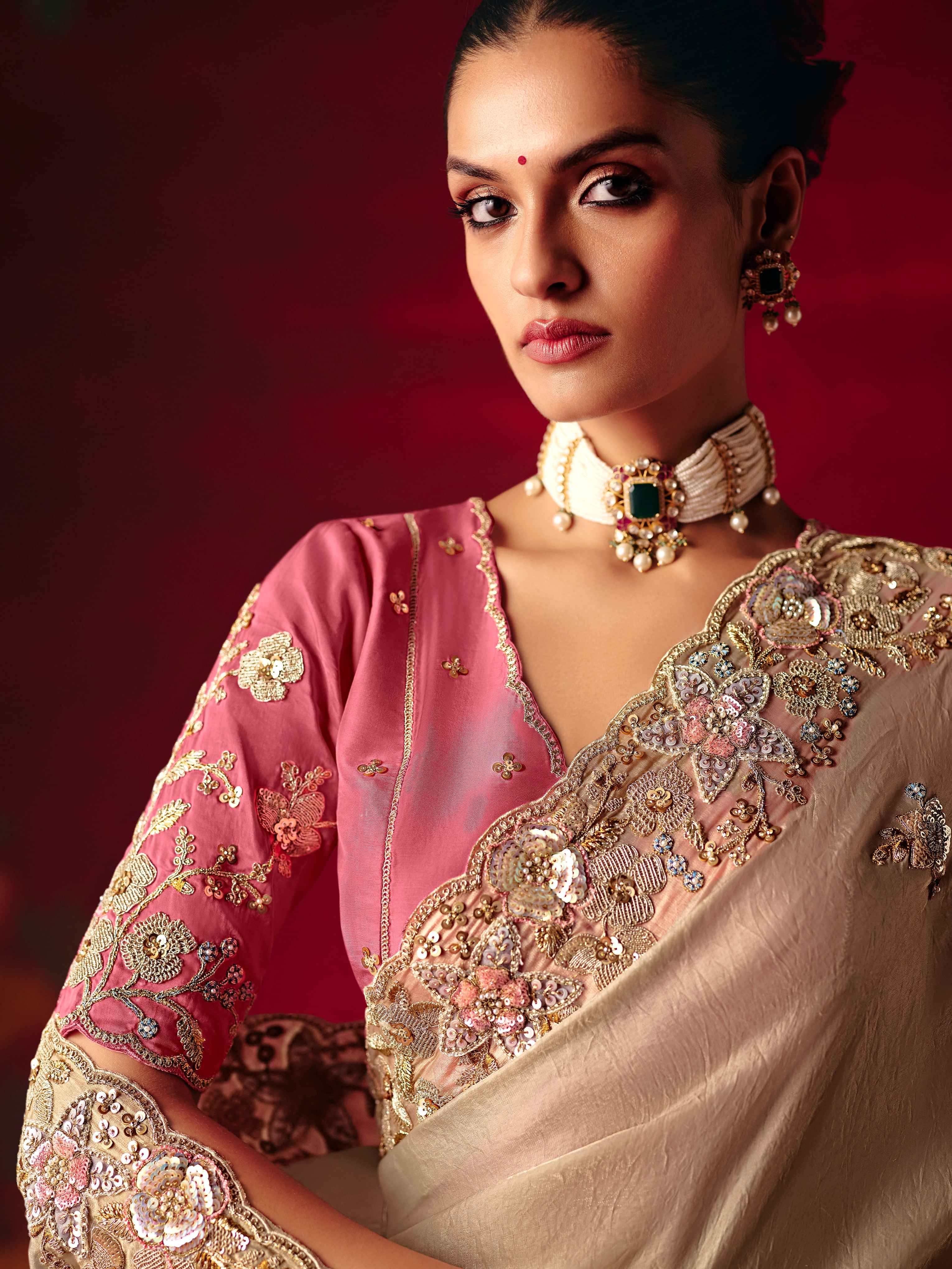 Beige Fancy Saree with Sequins &amp; Thread Embroidery