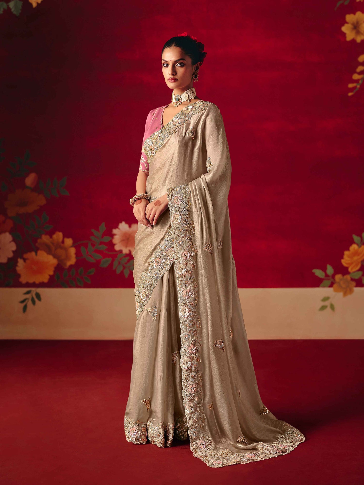 Beige Fancy Saree with Sequins &amp; Thread Embroidery