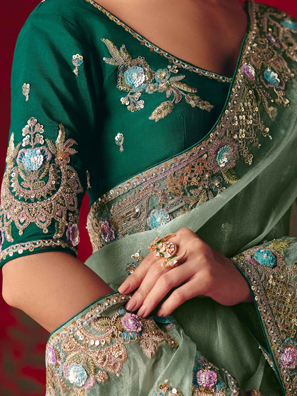 Mint Green Fancy Saree with Thread &amp; Sequins Work