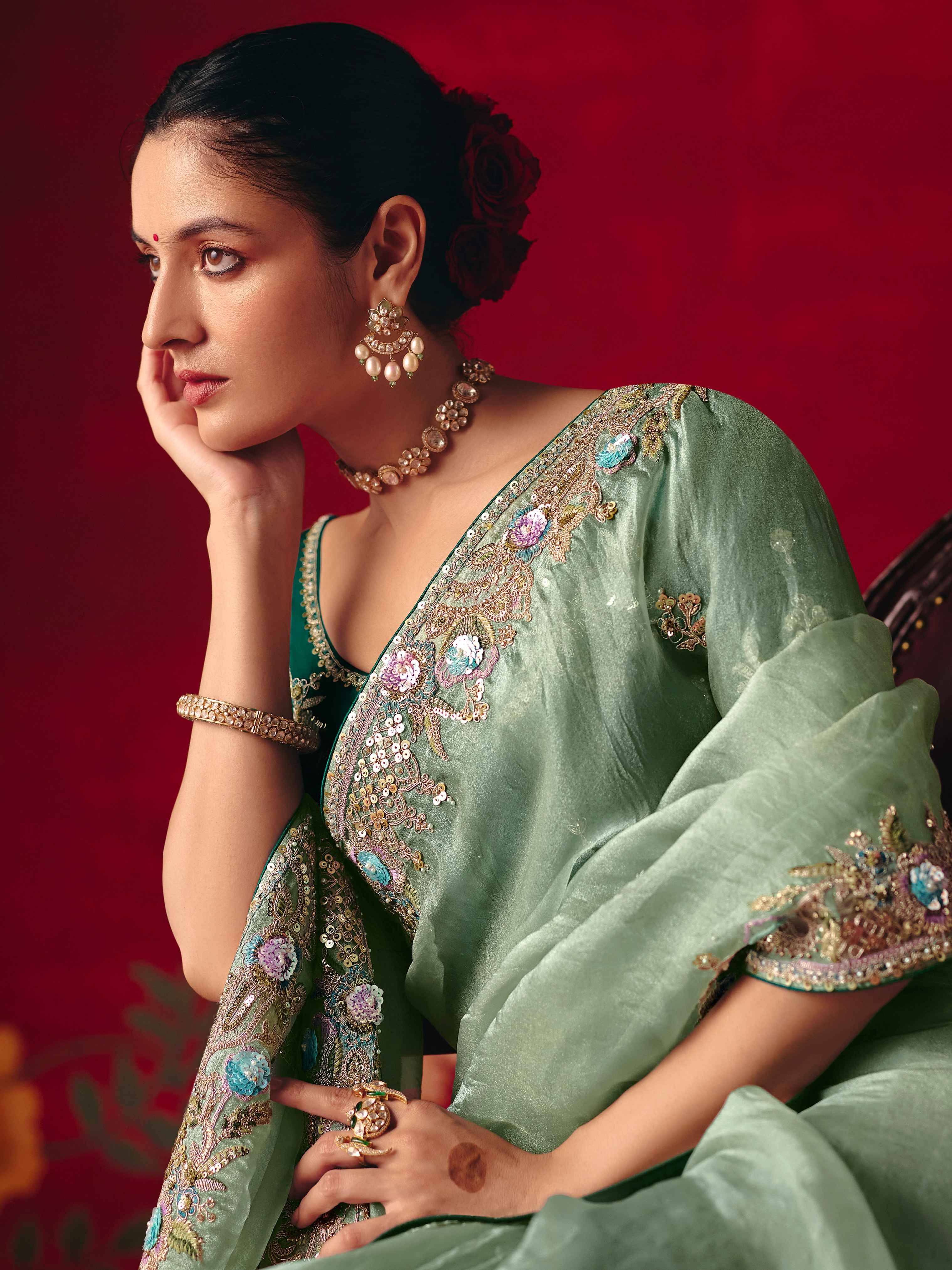 Mint Green Fancy Saree with Thread & Sequins Work