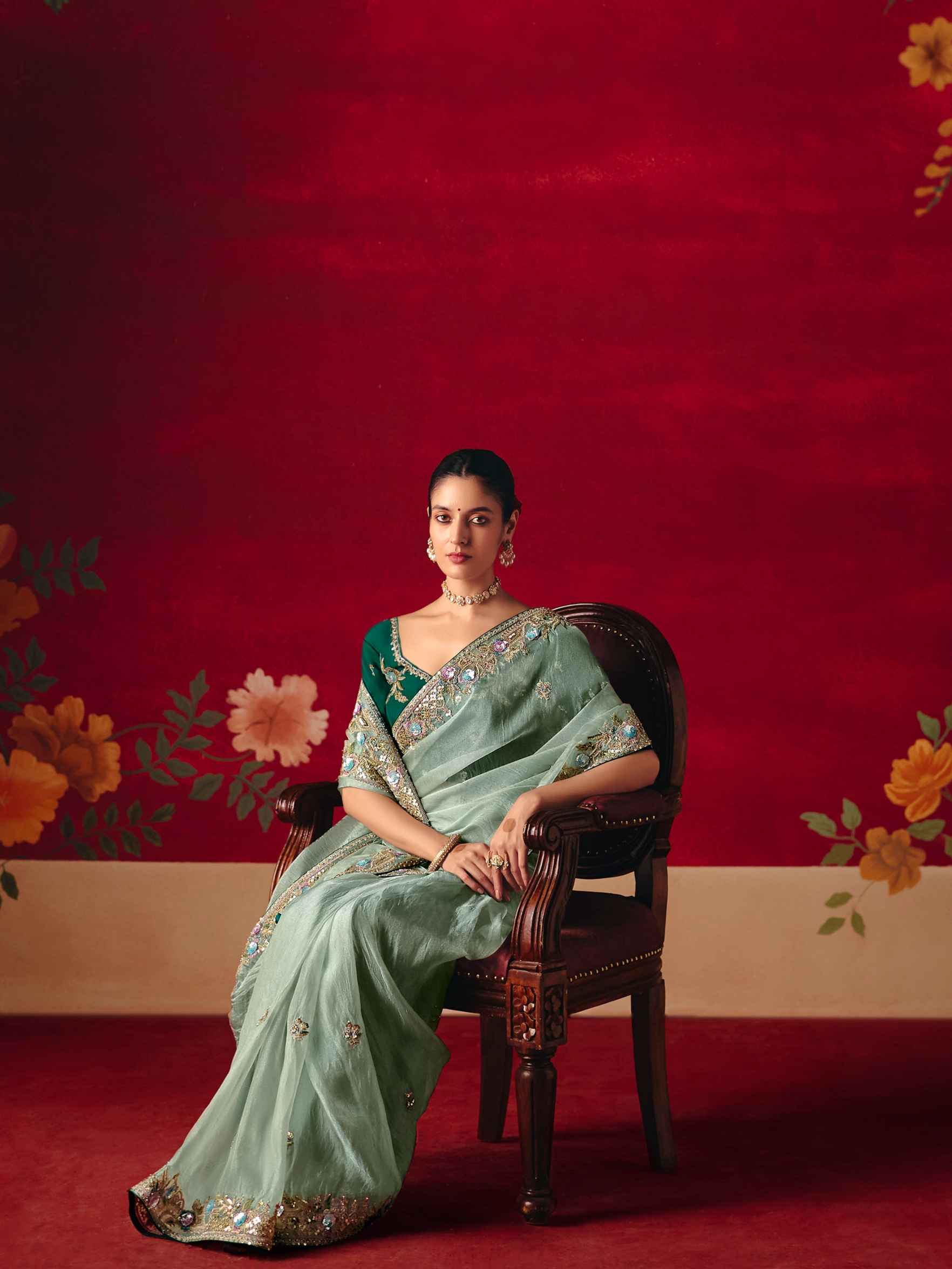 Mint Green Fancy Saree with Thread & Sequins Work