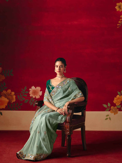 Mint Green Fancy Saree with Thread &amp; Sequins Work