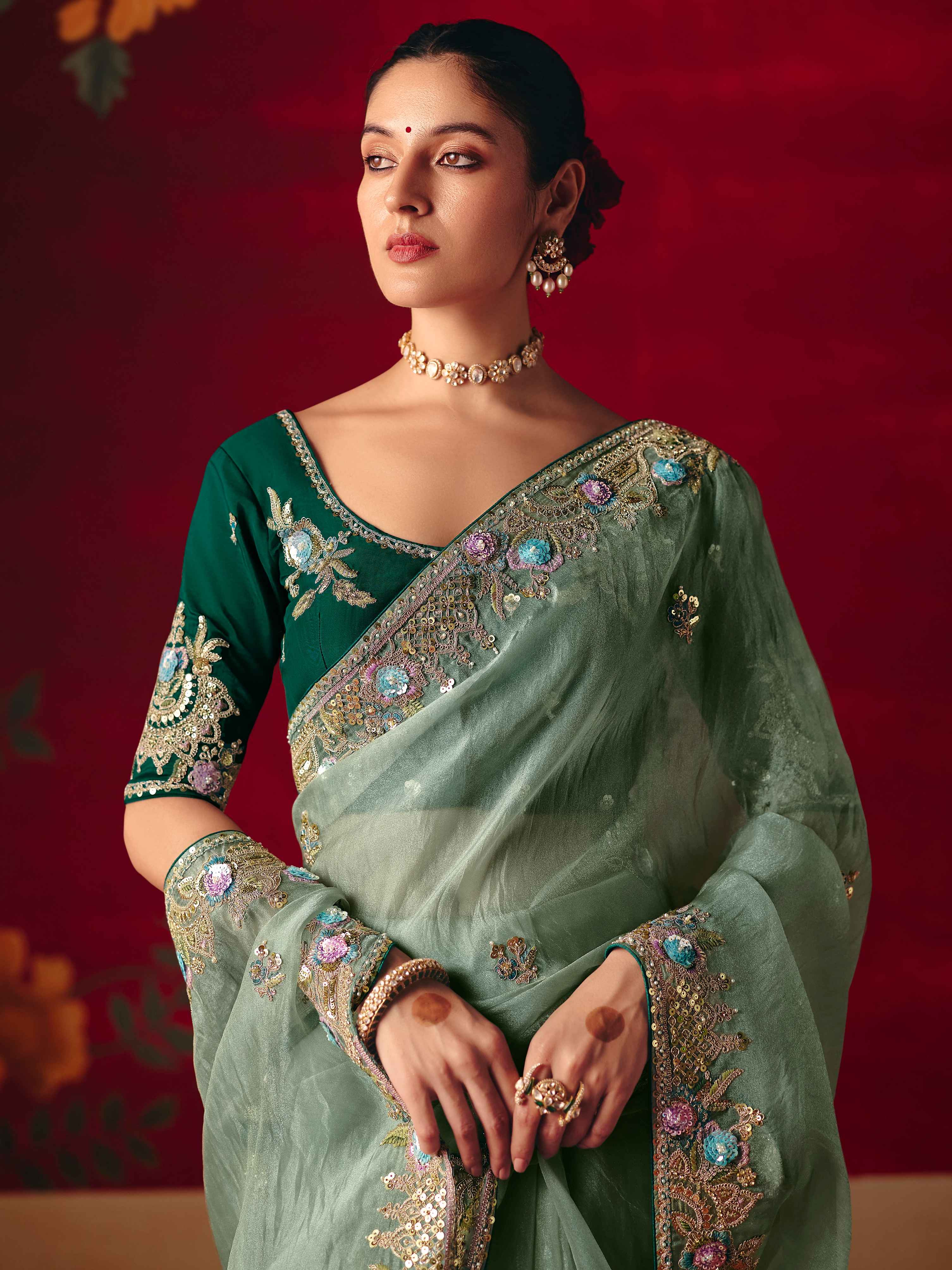 Mint Green Fancy Saree with Thread & Sequins Work
