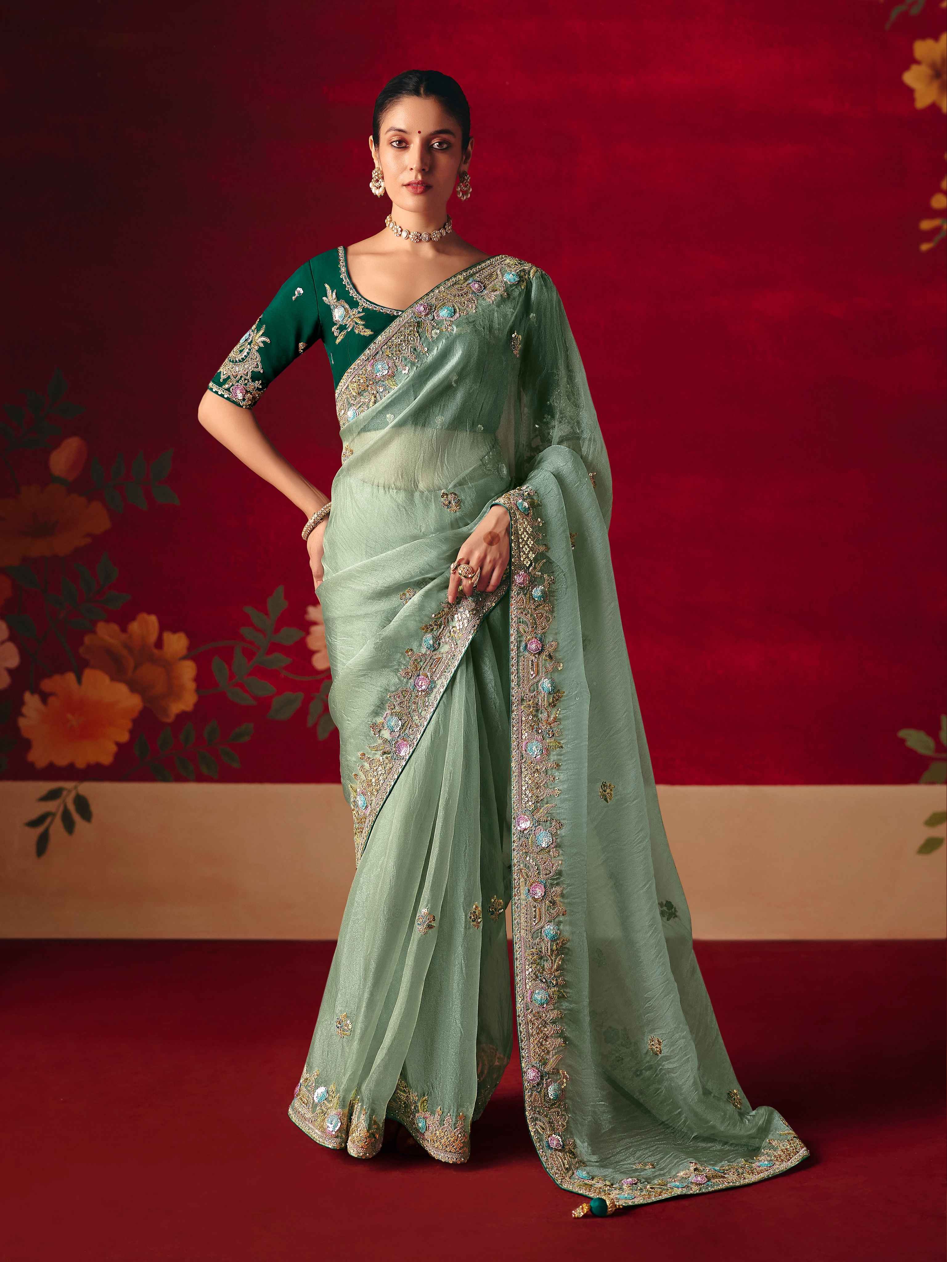 Mint Green Fancy Saree with Thread & Sequins Work