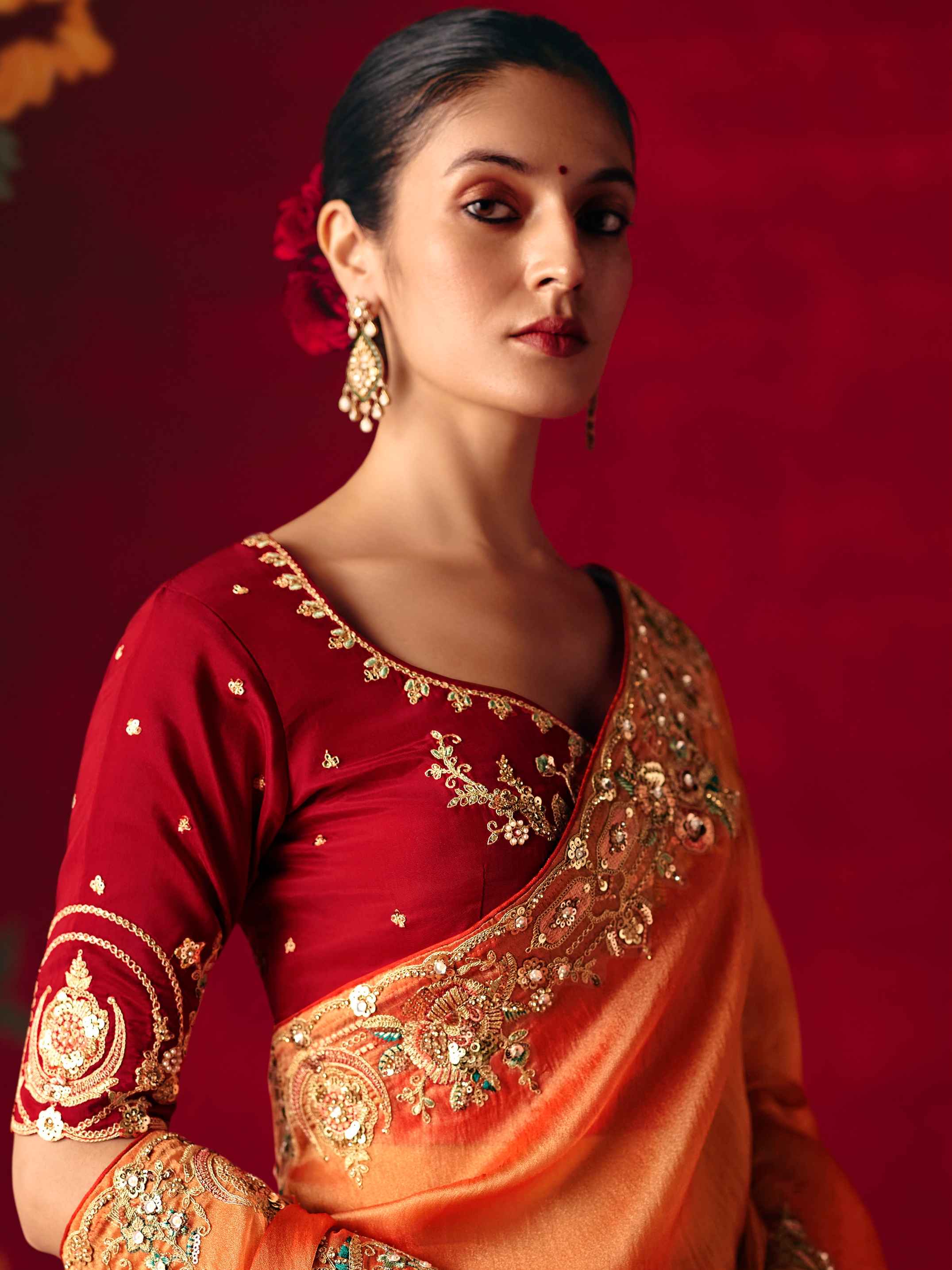 Orange Fancy Saree with Sequins Butti &amp; Rich Border Embroidery