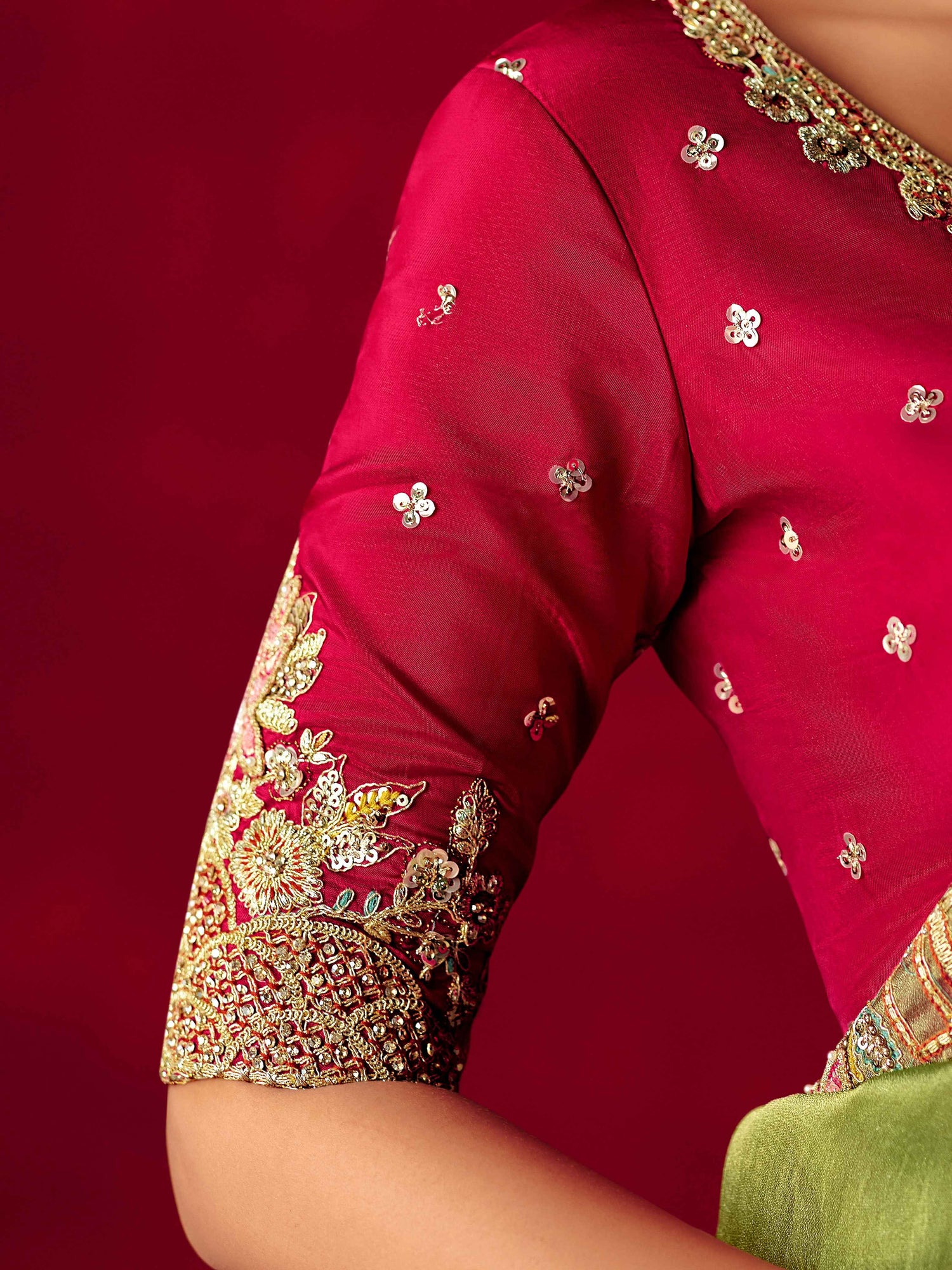 Olive Green Fancy Saree with Butti Embroidery &amp; Sequins Border
