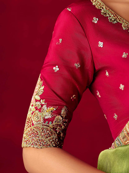 Olive Green Fancy Saree with Butti Embroidery &amp; Sequins Border