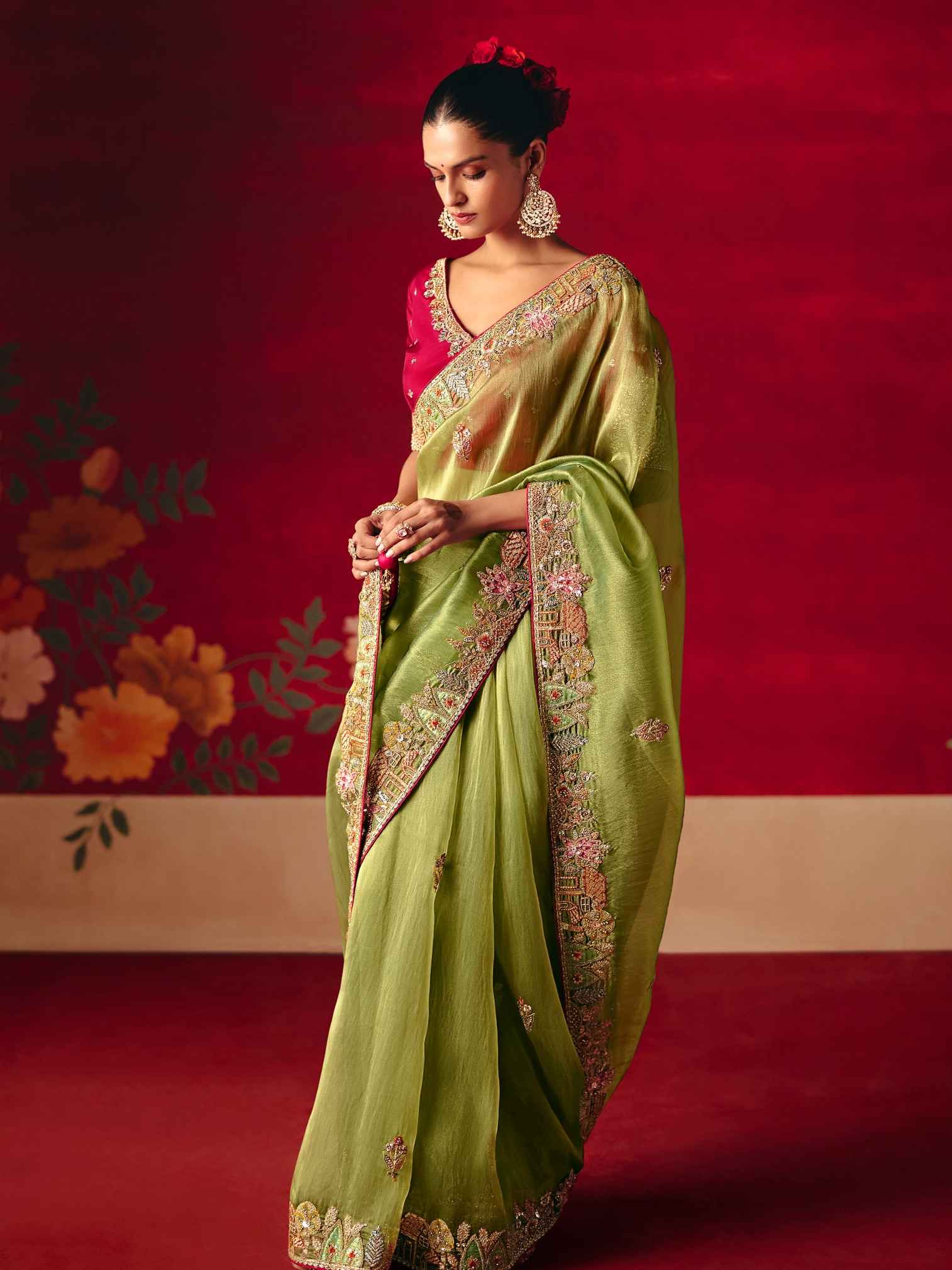 Olive Green Fancy Saree with Butti Embroidery &amp; Sequins Border