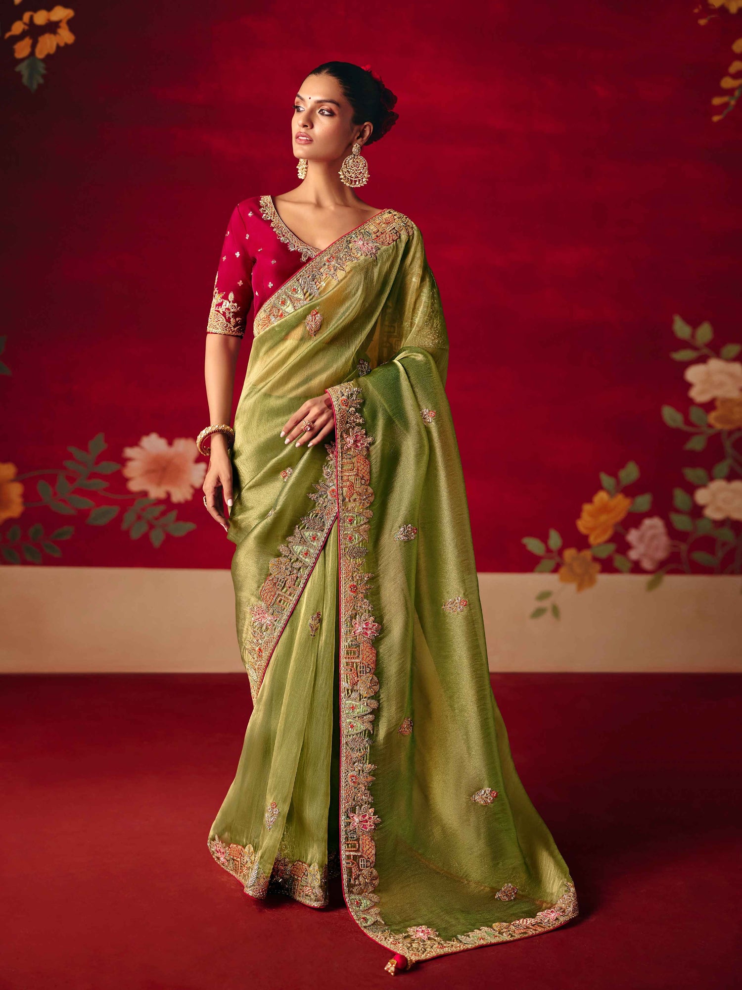 Olive Green Fancy Saree with Butti Embroidery &amp; Sequins Border