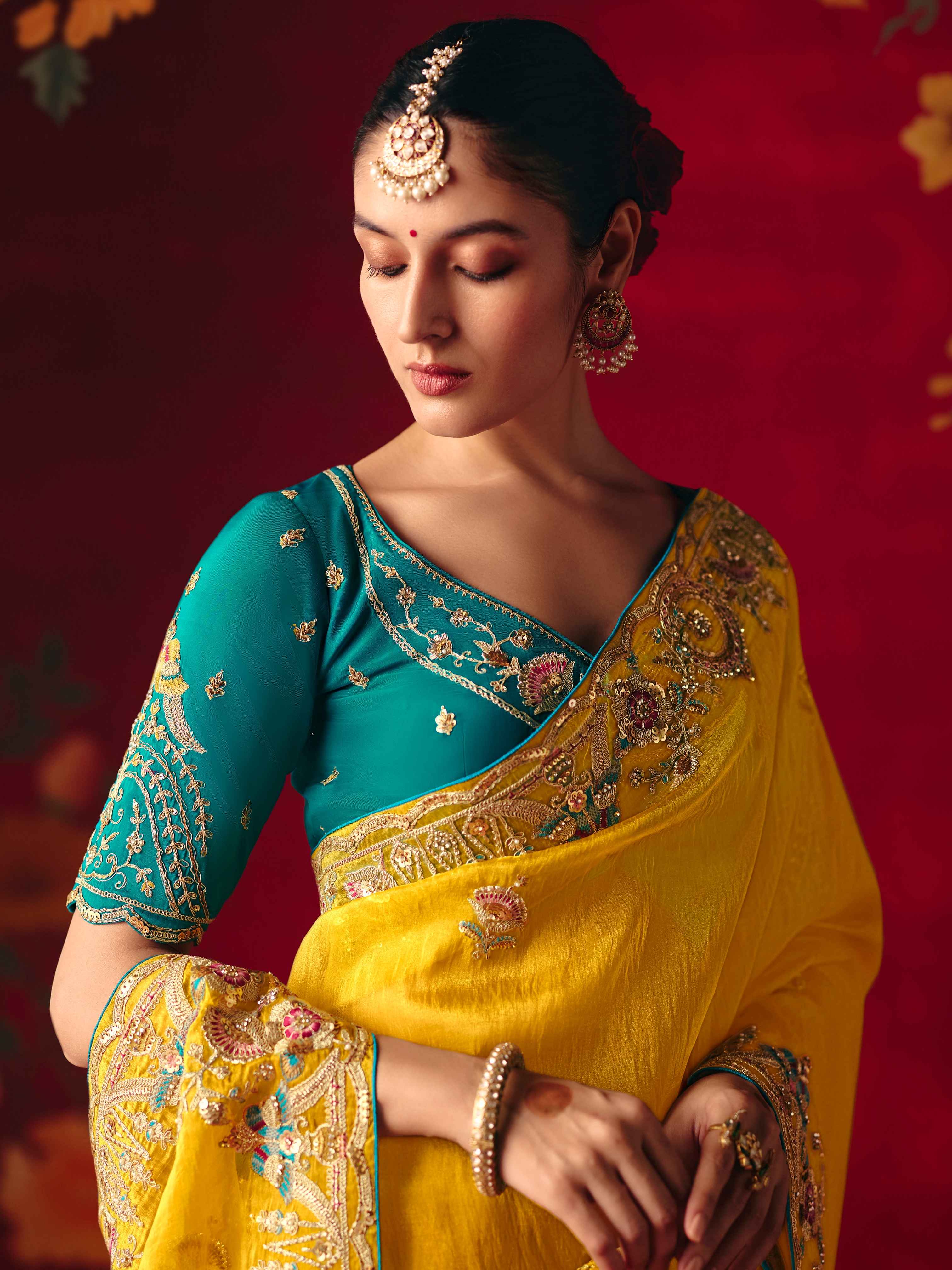 Mustard Yellow Fancy Saree with Thread &amp; Sequins Embroidery