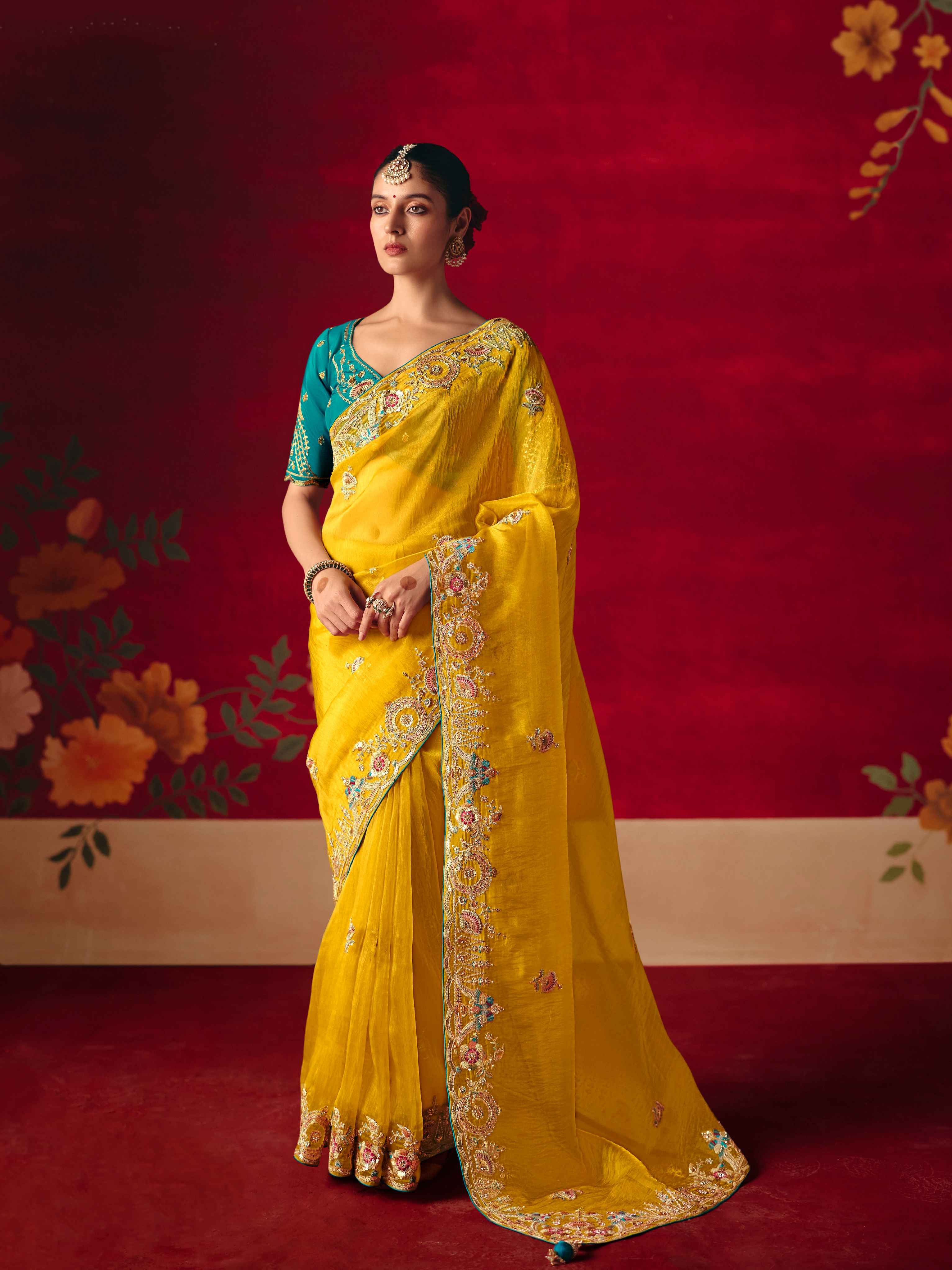 Mustard Yellow Fancy Saree with Thread &amp; Sequins Embroidery