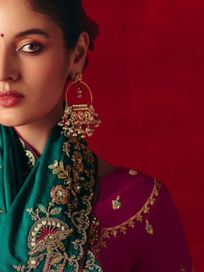Teal Green Fancy Embroidered Saree with Sequins Butti &amp; Heavy Border